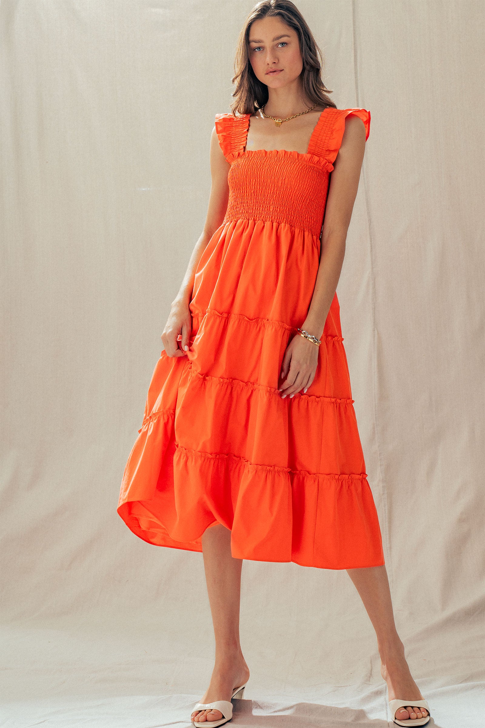 Cotton Smocked Tiered Midi Dress