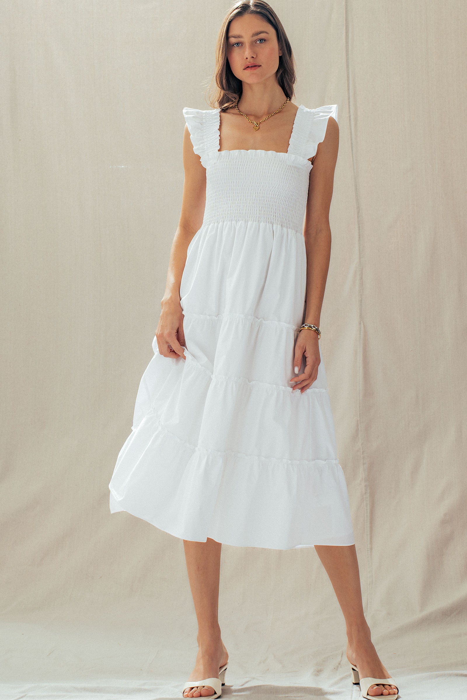 Cotton Smocked Tiered Midi Dress