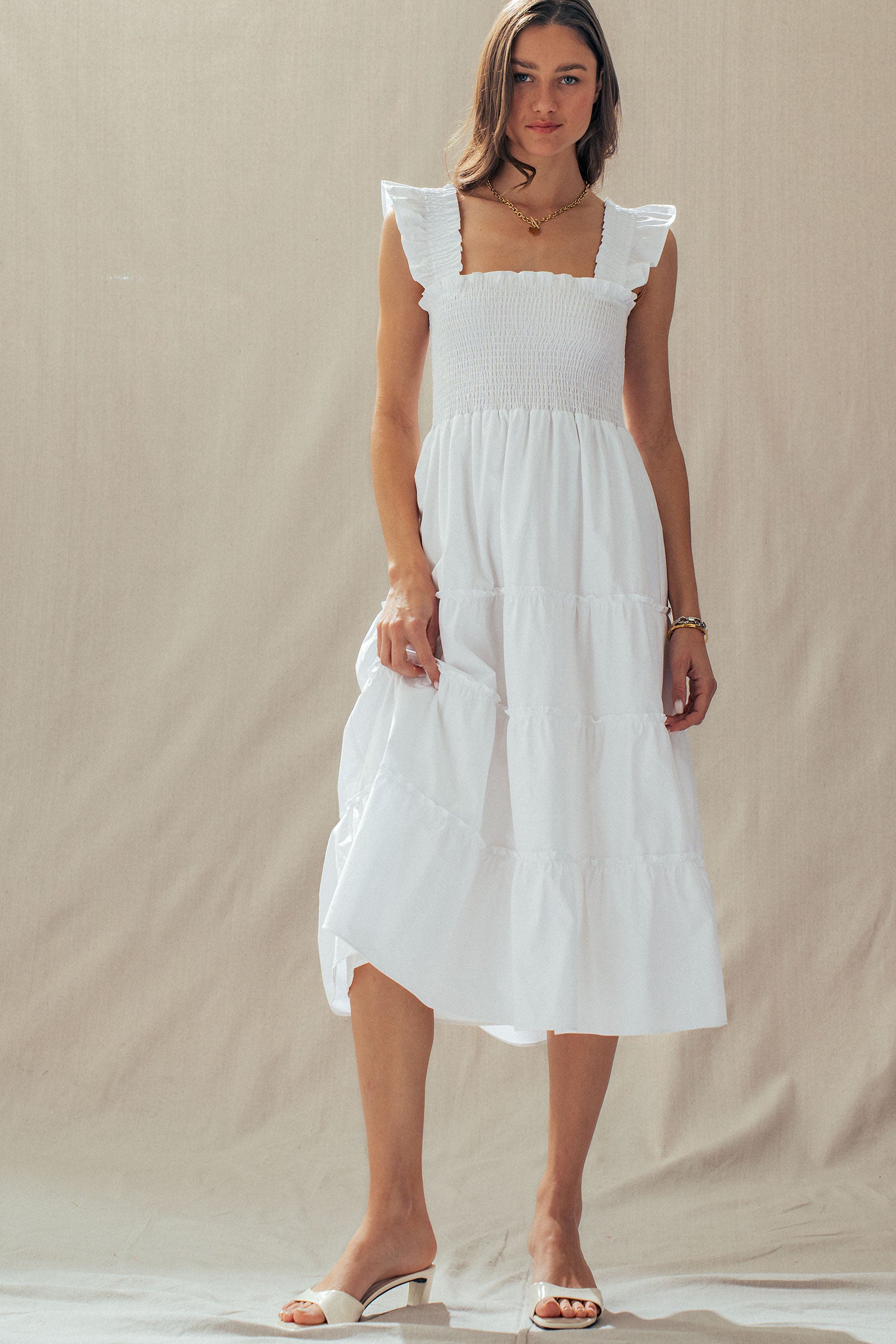 Cotton Smocked Tiered Midi Dress