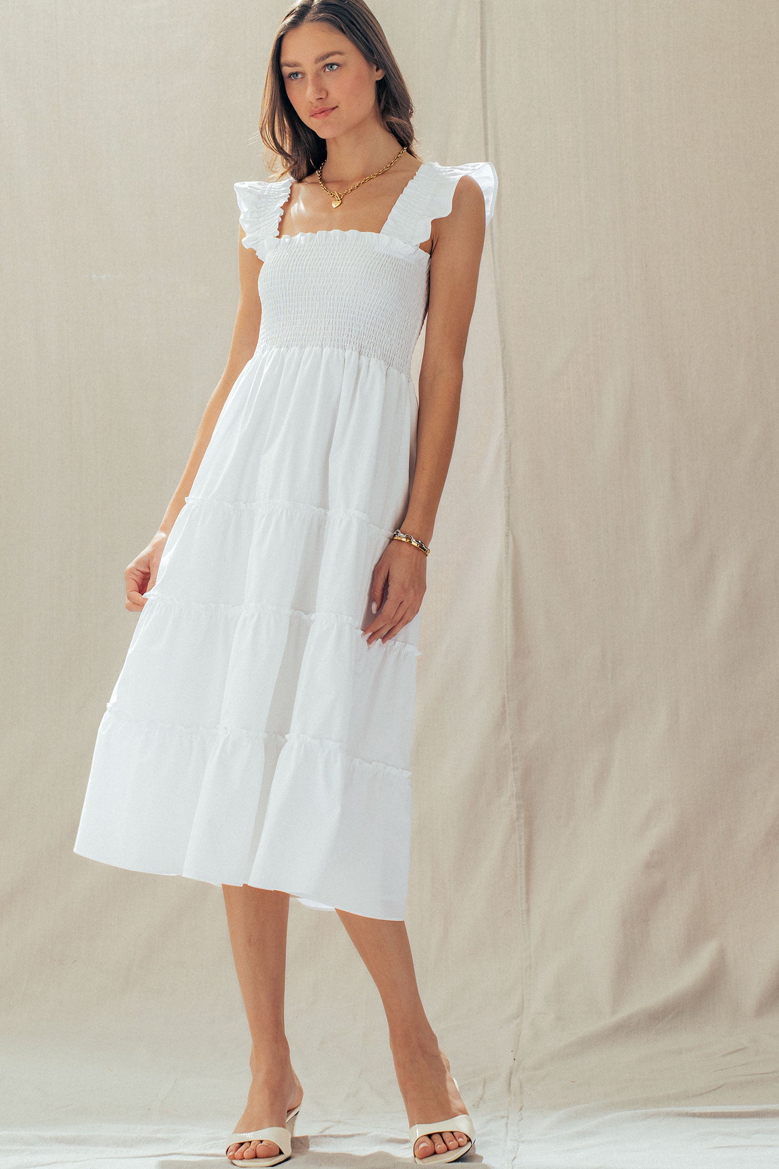 Cotton Smocked Tiered Midi Dress