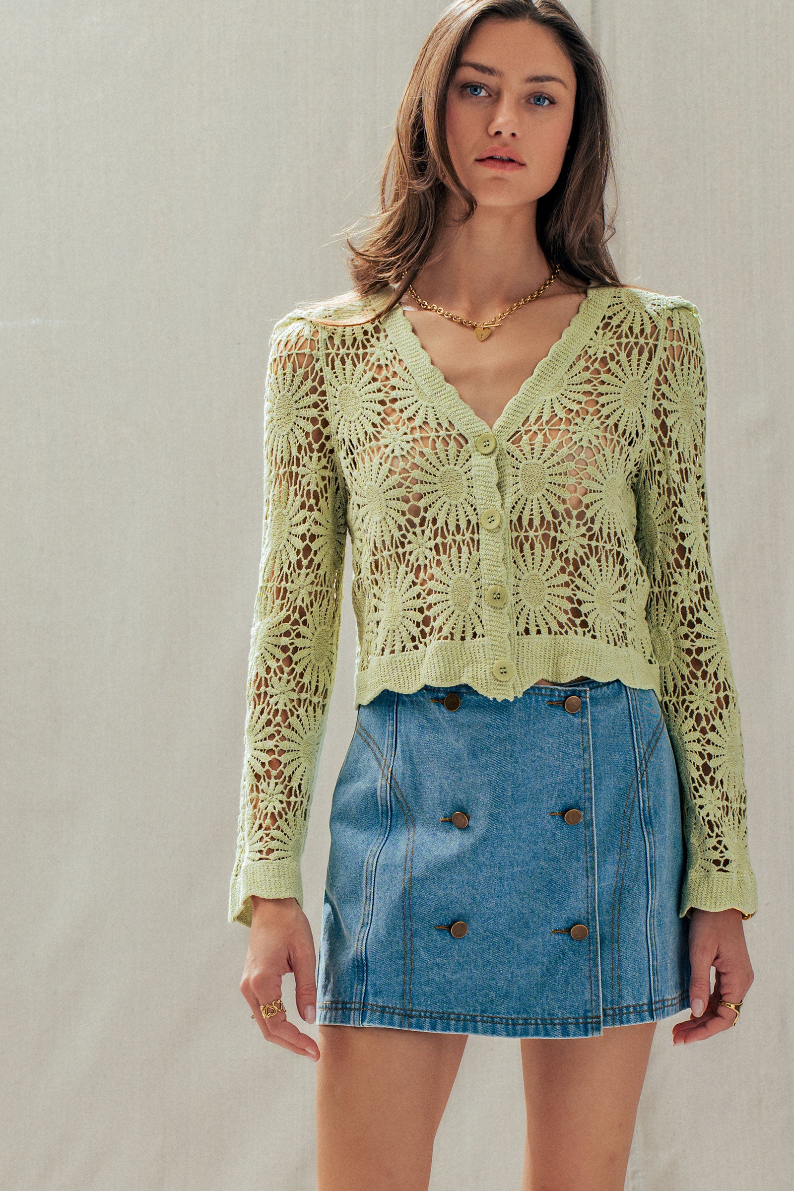 Romantic Floral Crochet Button Down Spring Cropped Cardigan