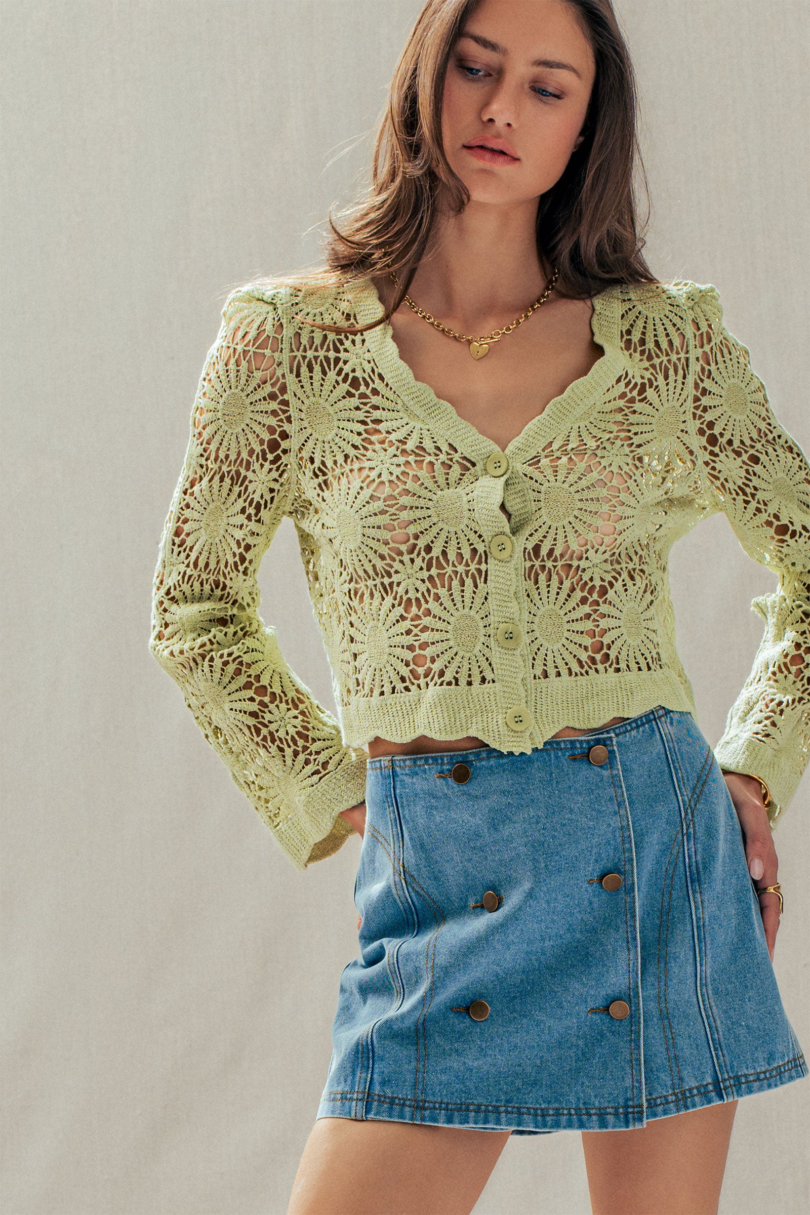 Romantic Floral Crochet Button Down Spring Cropped Cardigan