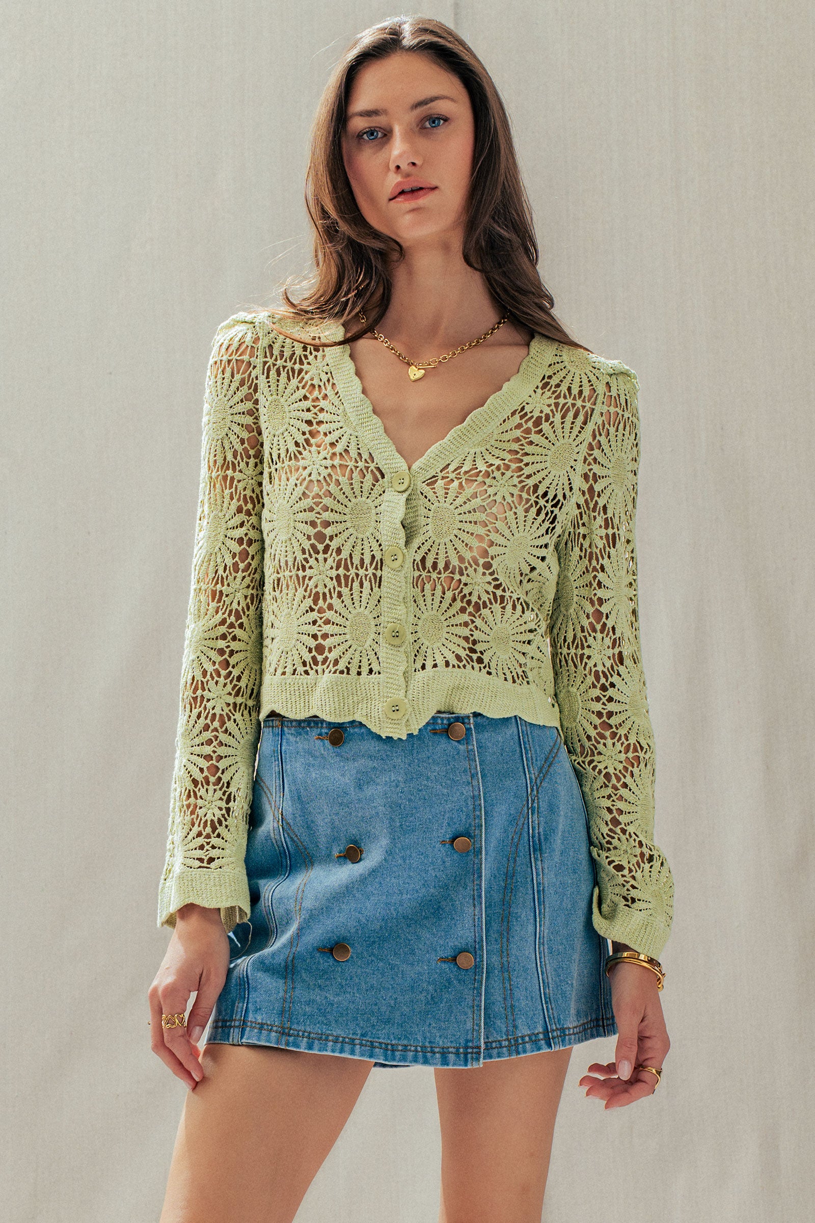 Romantic Floral Crochet Button Down Spring Cropped Cardigan