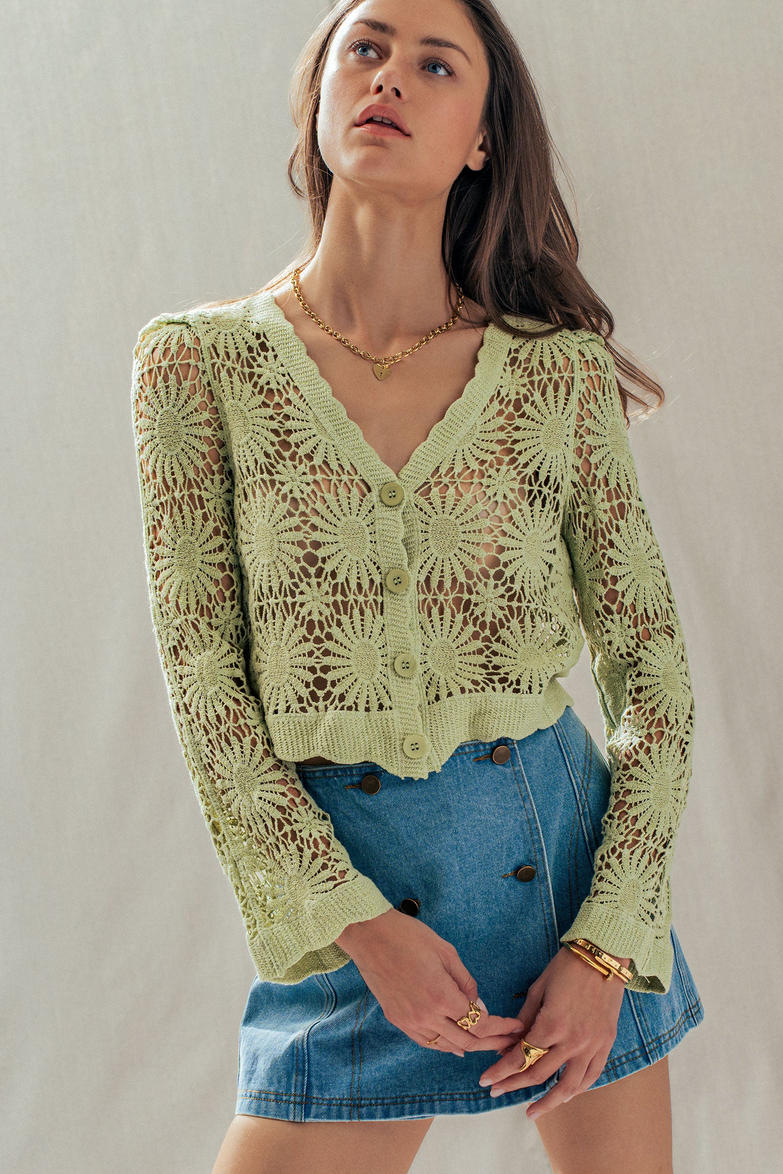 Romantic Floral Crochet Button Down Spring Cropped Cardigan