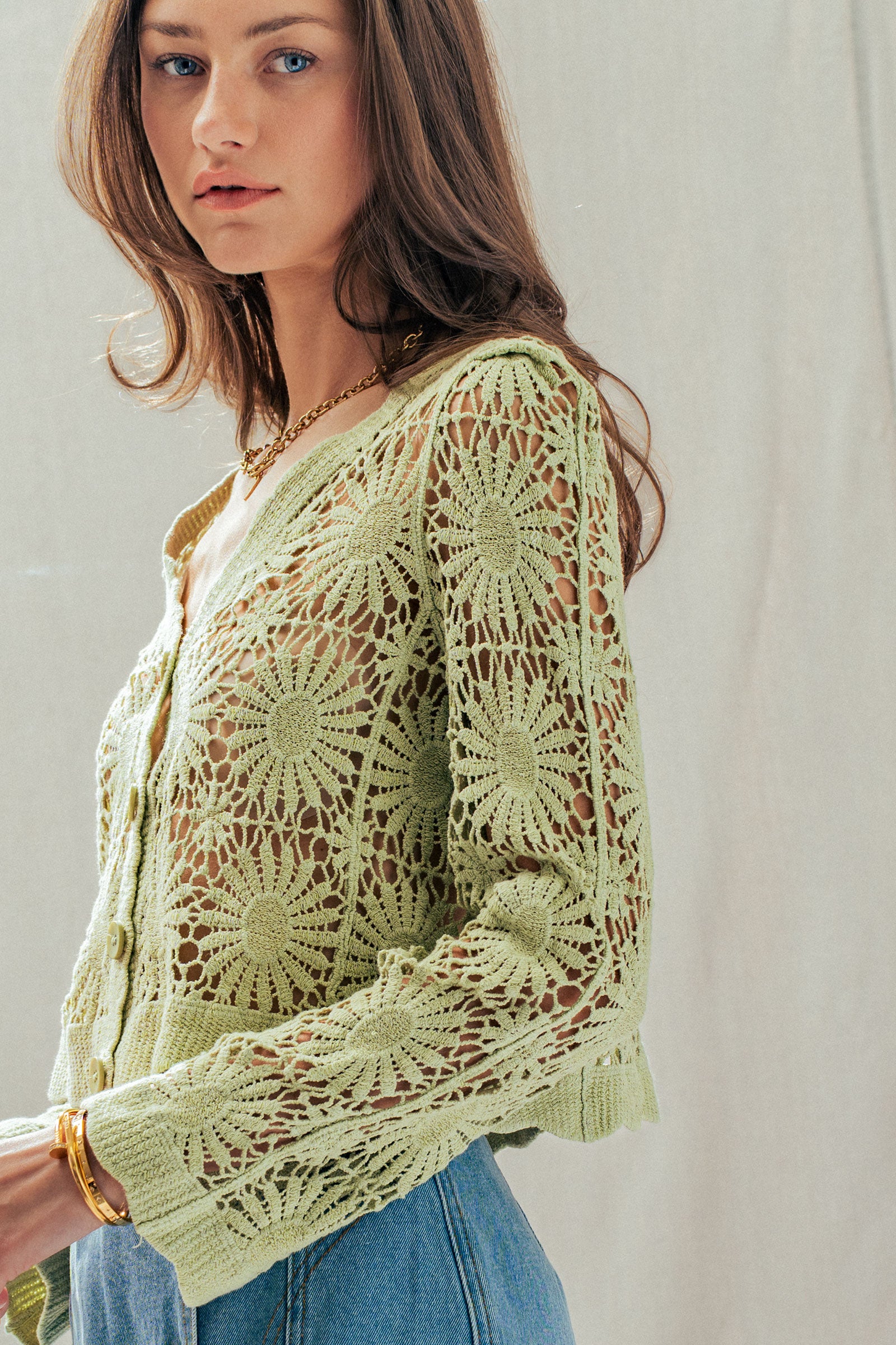Romantic Floral Crochet Button Down Spring Cropped Cardigan