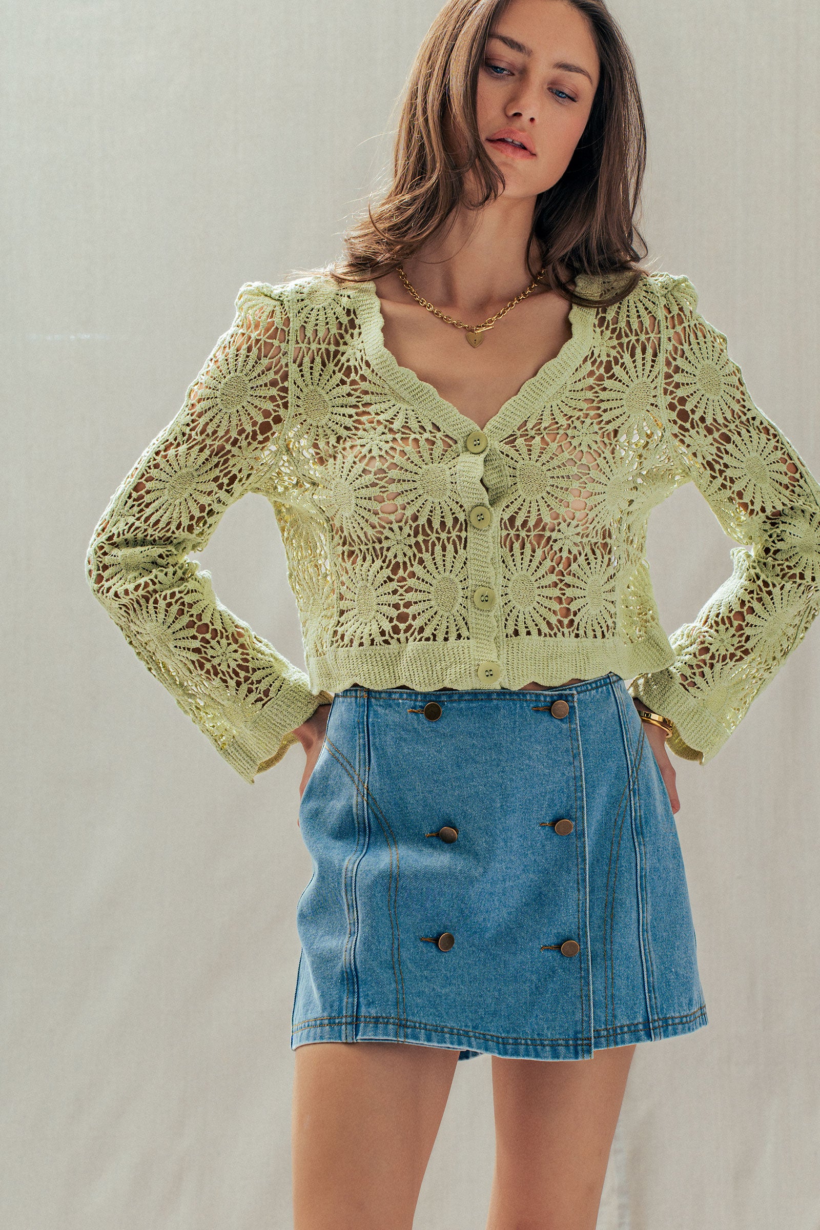 Romantic Floral Crochet Button Down Spring Cropped Cardigan