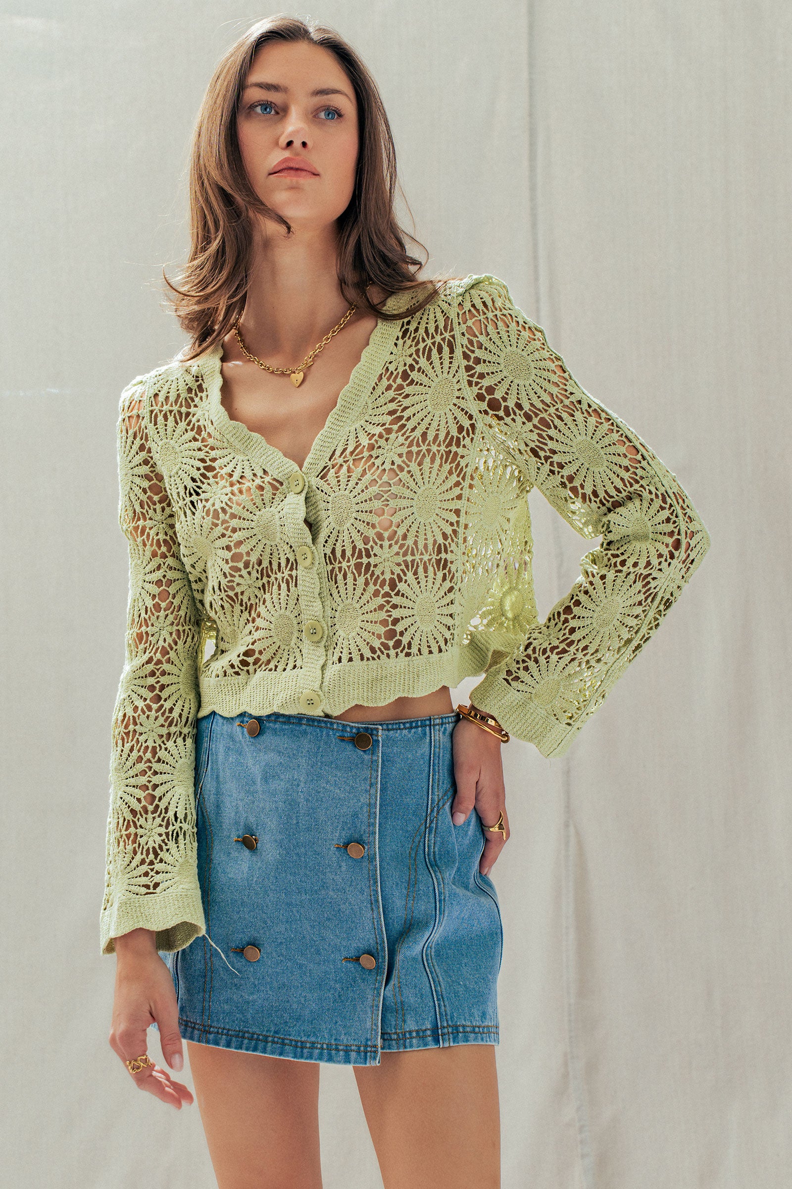 Romantic Floral Crochet Button Down Spring Cropped Cardigan