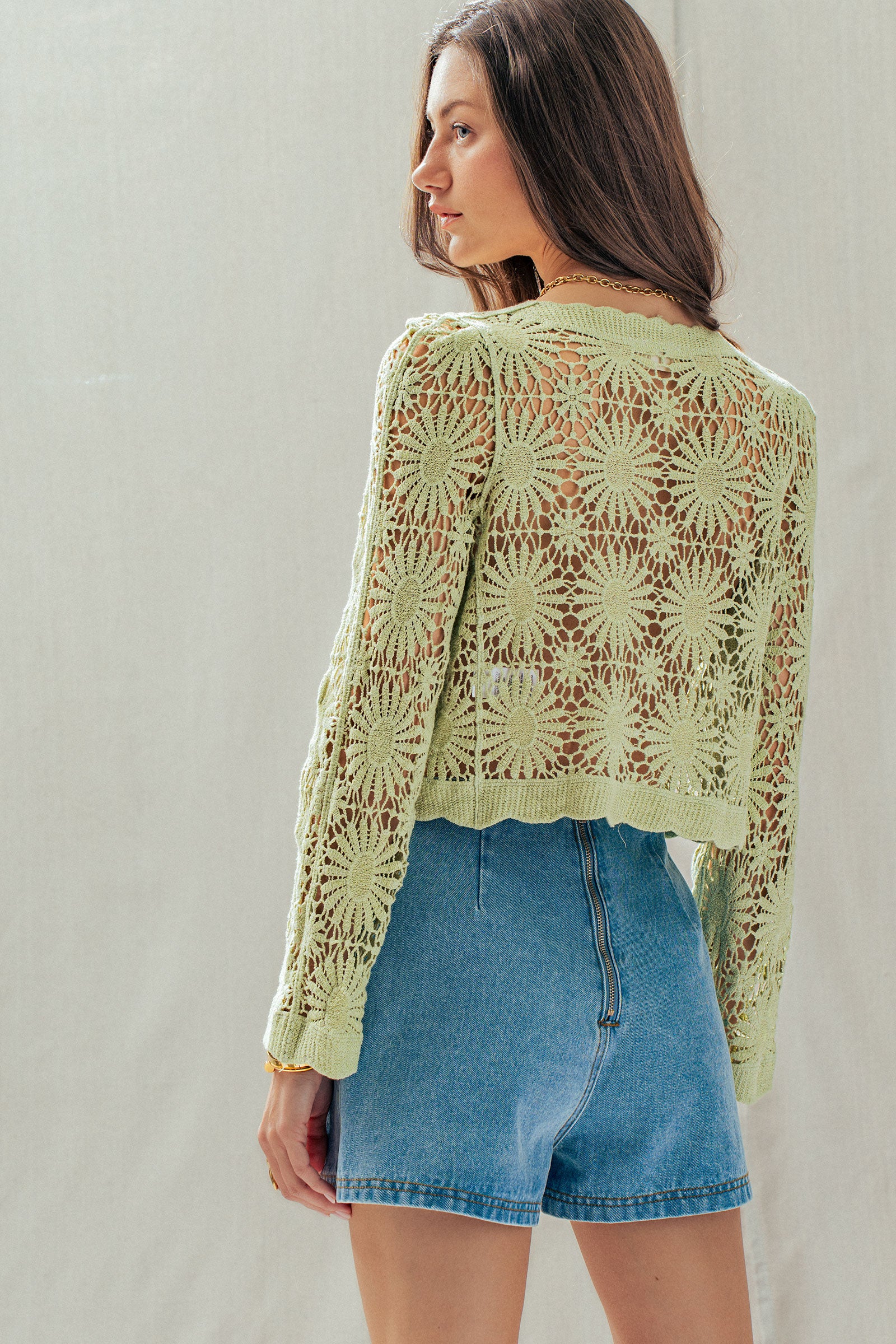 Romantic Floral Crochet Button Down Spring Cropped Cardigan
