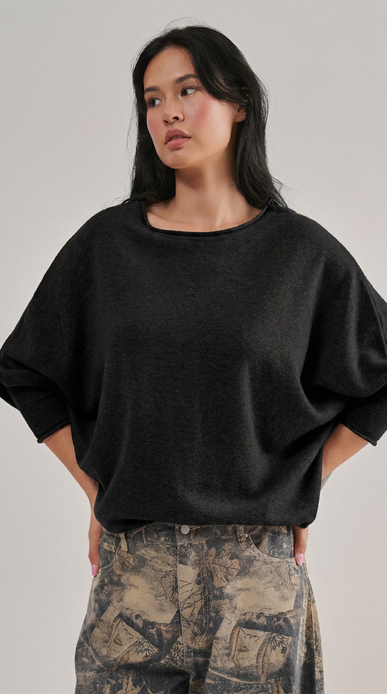 Dolman Sleeve Boat Neck Knit Top
