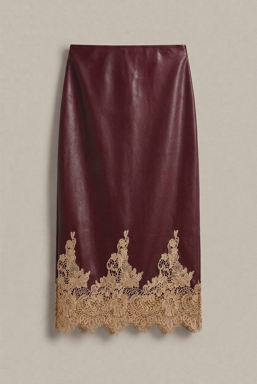 Faux Leather Midi Skirt with Lace Hem | wholesale midi skirts | Urban Daizy