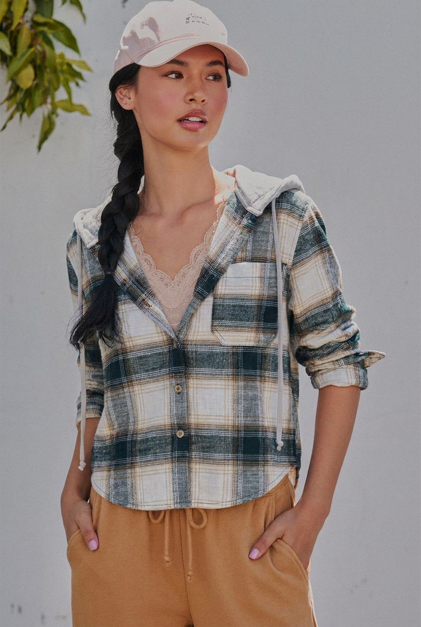 Hooded Plaid Flannel Shacket With French Terry Hood