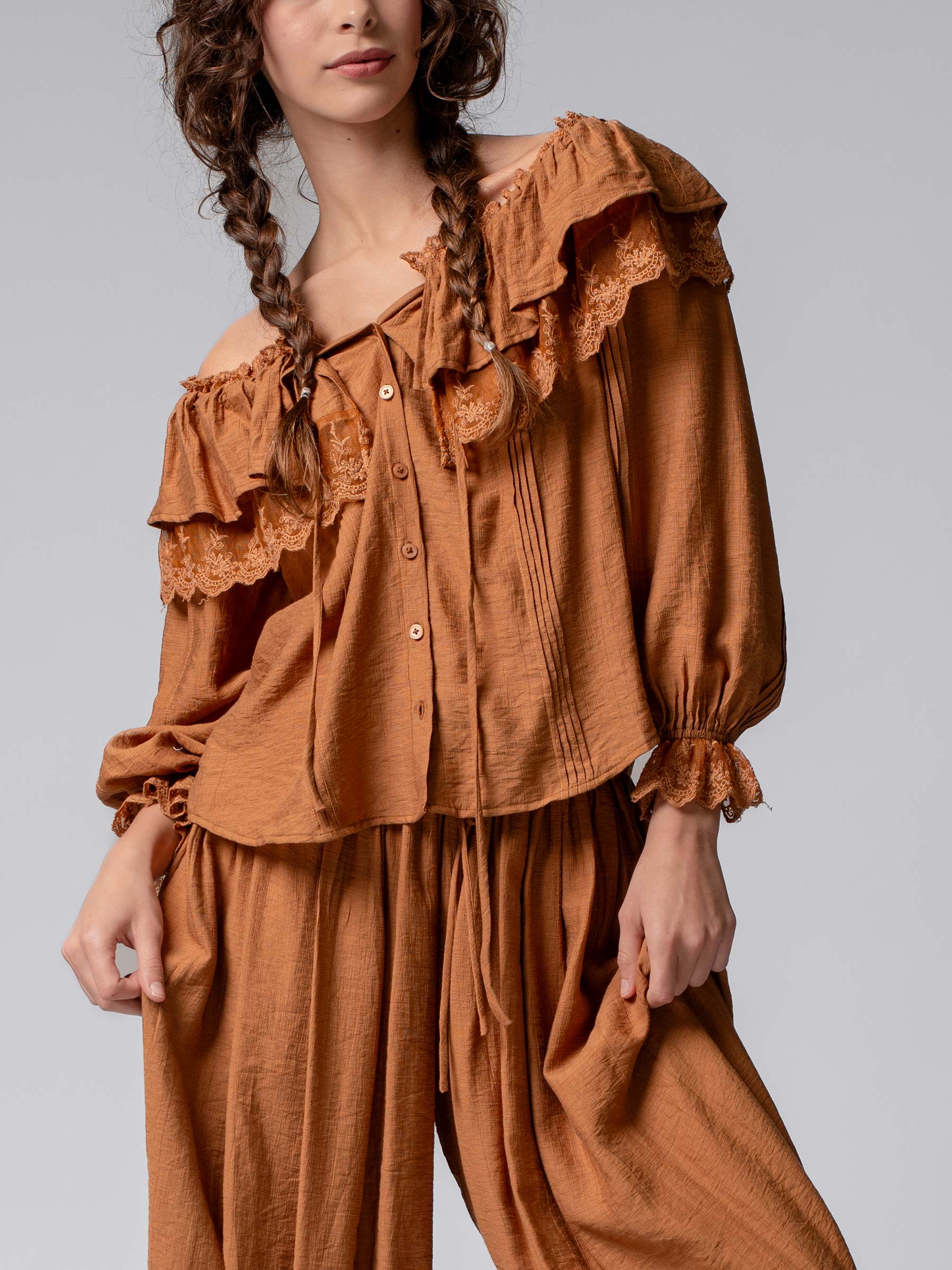 Lace Trim Ruffle Tie Neck Spring Blouse Top