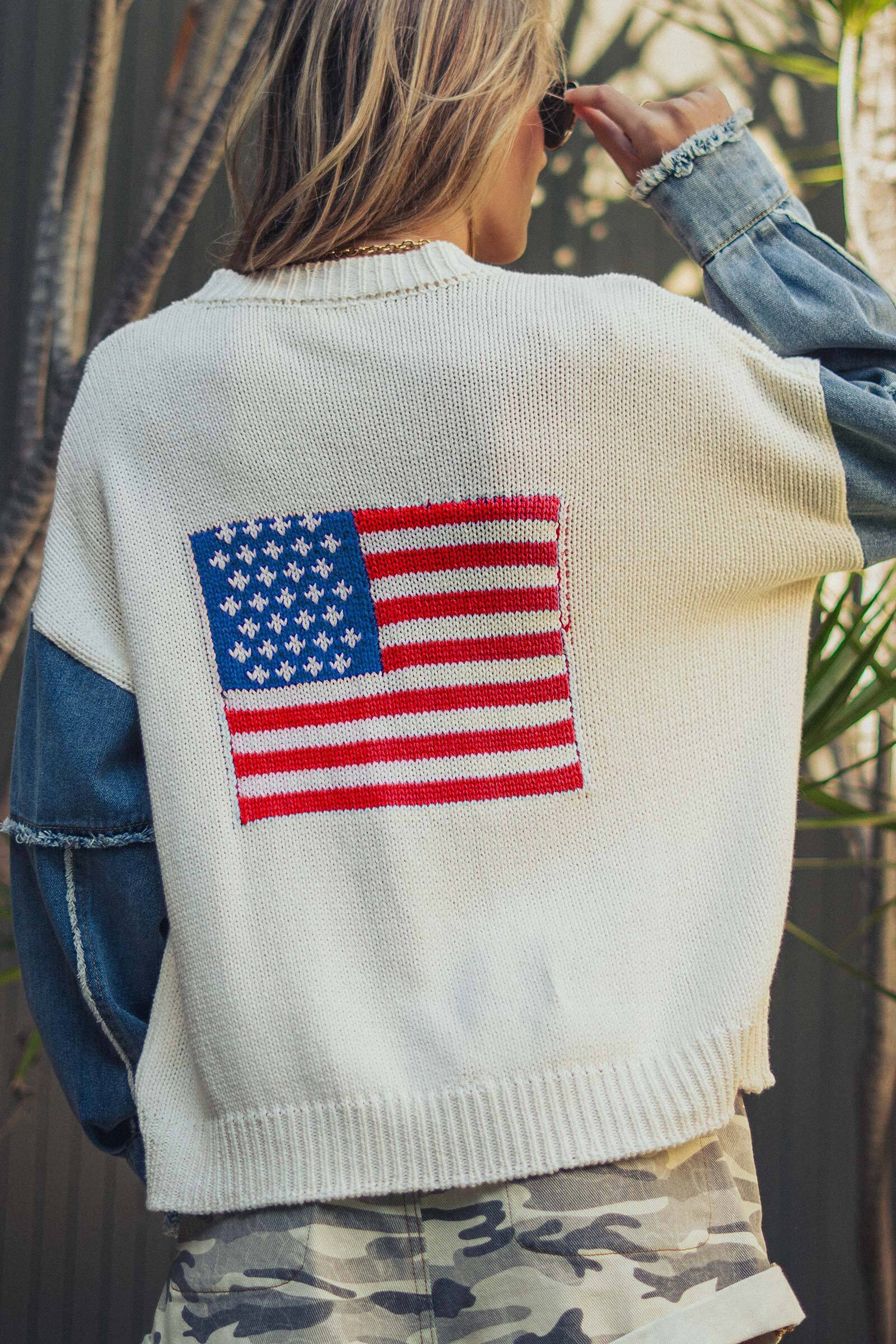 Mixed Media Flag Denim Sleeve Cardigan