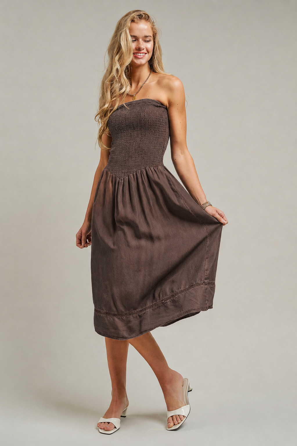 Smocked Strapless Denim Midi Dress With Ladder Trim
