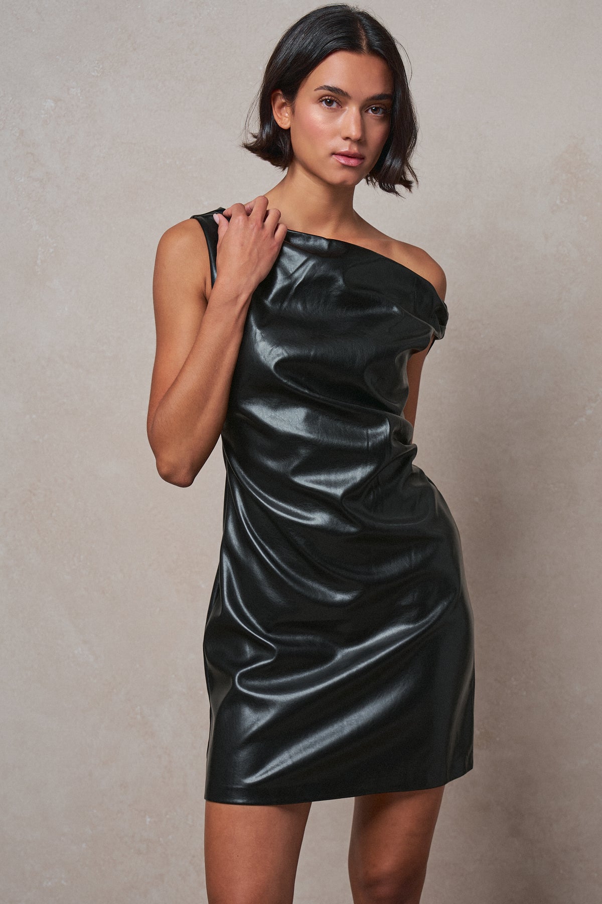 Faux Leather Asymmetric One-Shoulder Mini Dress in BLACK - Women's Dresses | Urban Daizy