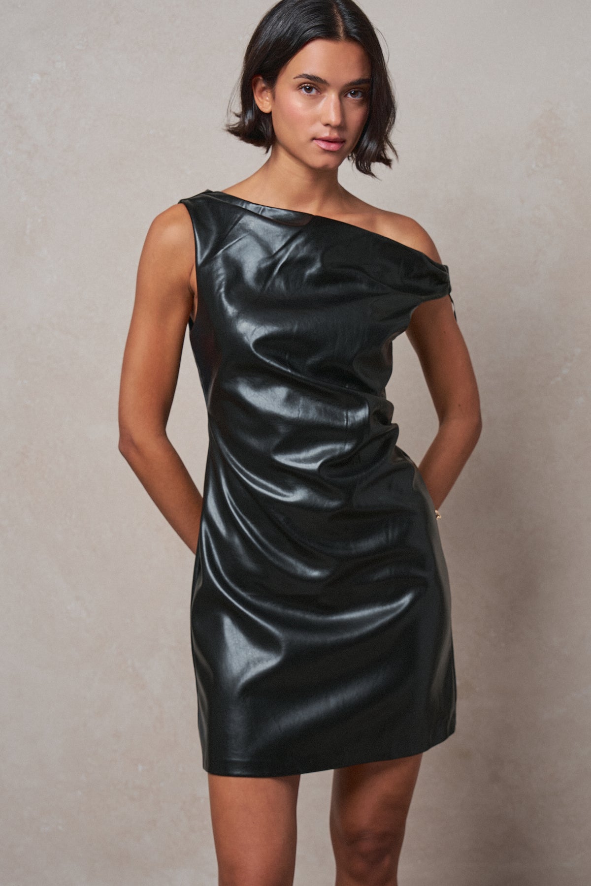 Faux Leather Asymmetric One-Shoulder Mini Dress in BLACK - Women's Dresses | Urban Daizy