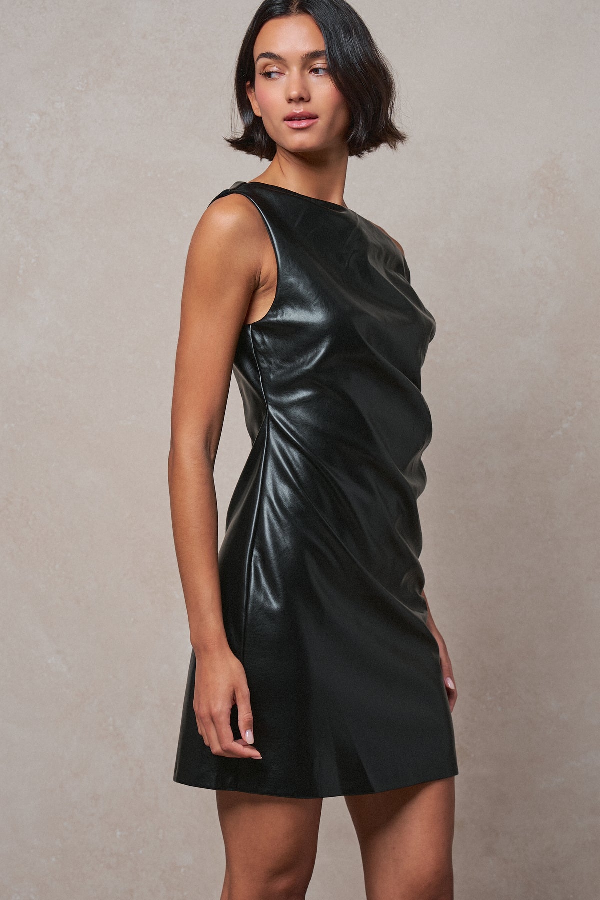 Faux Leather Asymmetric One-Shoulder Mini Dress in BLACK - Women's Dresses | Urban Daizy