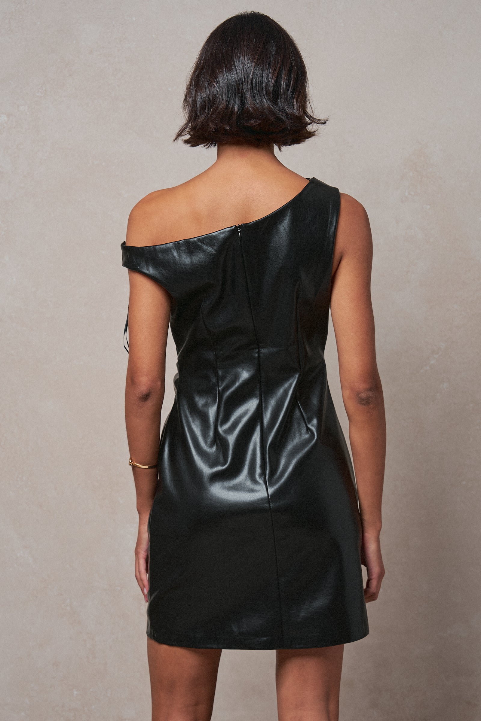 Faux Leather Asymmetric One-Shoulder Mini Dress in BLACK - Women's Dresses | Urban Daizy