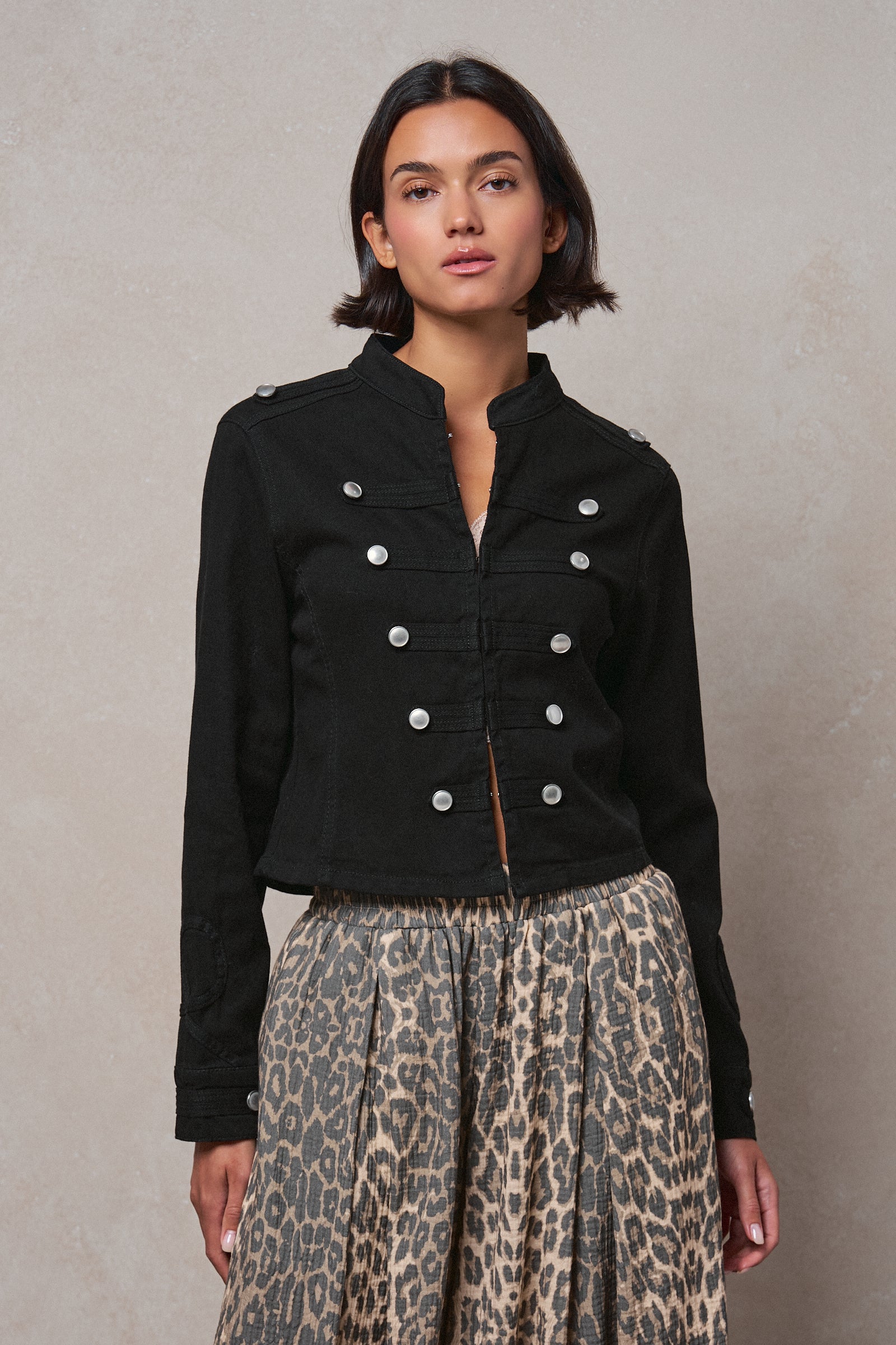 Cotton Stretch Military Button Jacket in BLACK - Women's Fashion | Urban Daizy