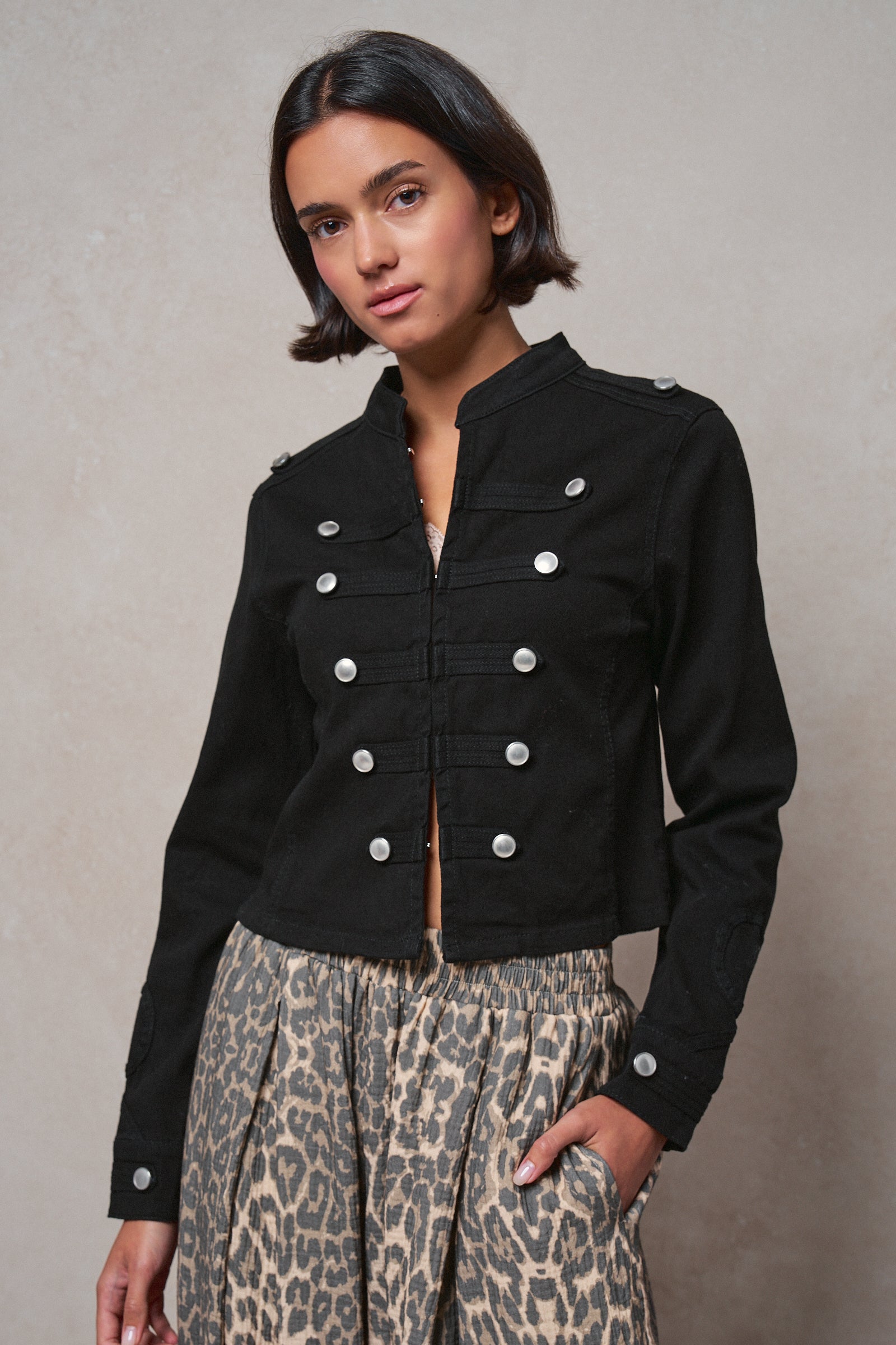 Cotton Stretch Military Button Jacket in BLACK - Women's Fashion | Urban Daizy