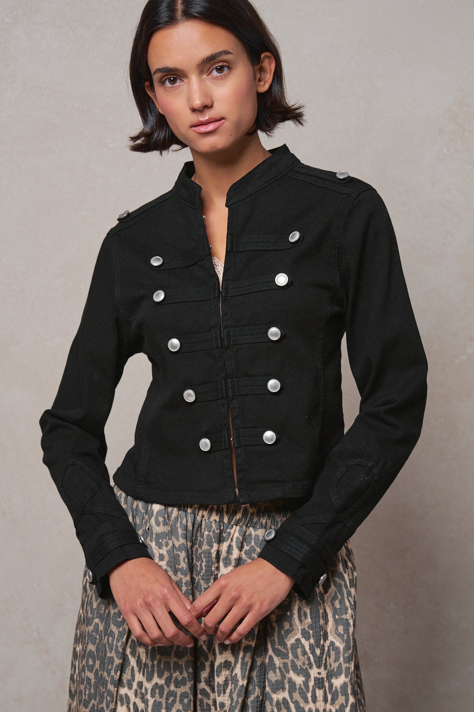 Cotton Stretch Military Button Jacket in BLACK - Women's Fashion | Urban Daizy