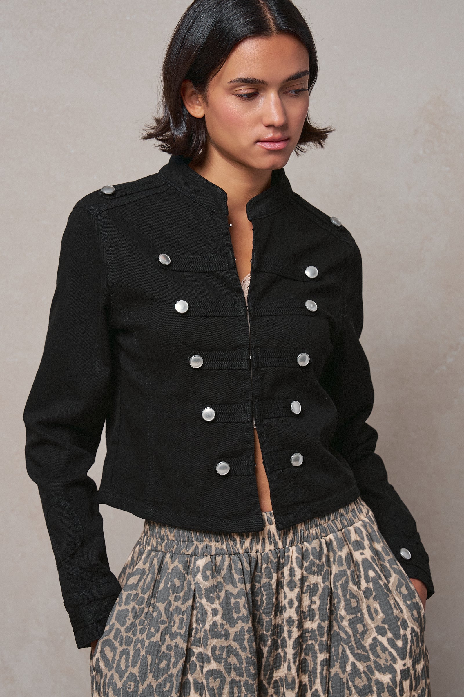 Cotton Stretch Military Button Jacket in BLACK - Women's Fashion | Urban Daizy