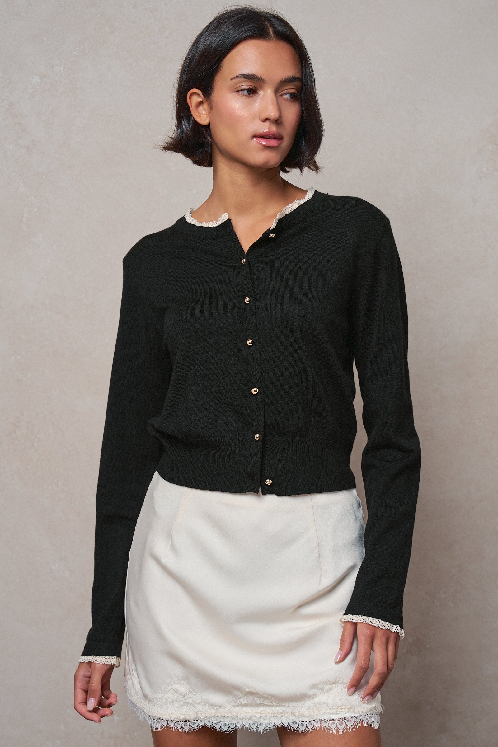Lace Trim Knit Button-Down Cardigan in BLACK - Women's SWEATERS | Urban Daizy