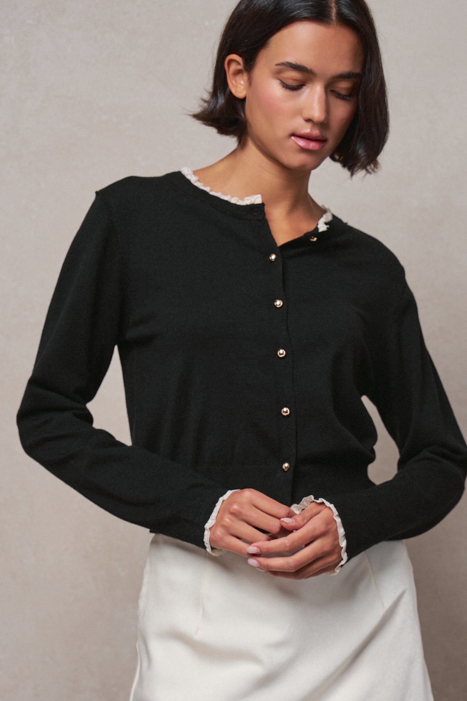 Lace Trim Knit Button-Down Cardigan in BLACK - Women's SWEATERS | Urban Daizy