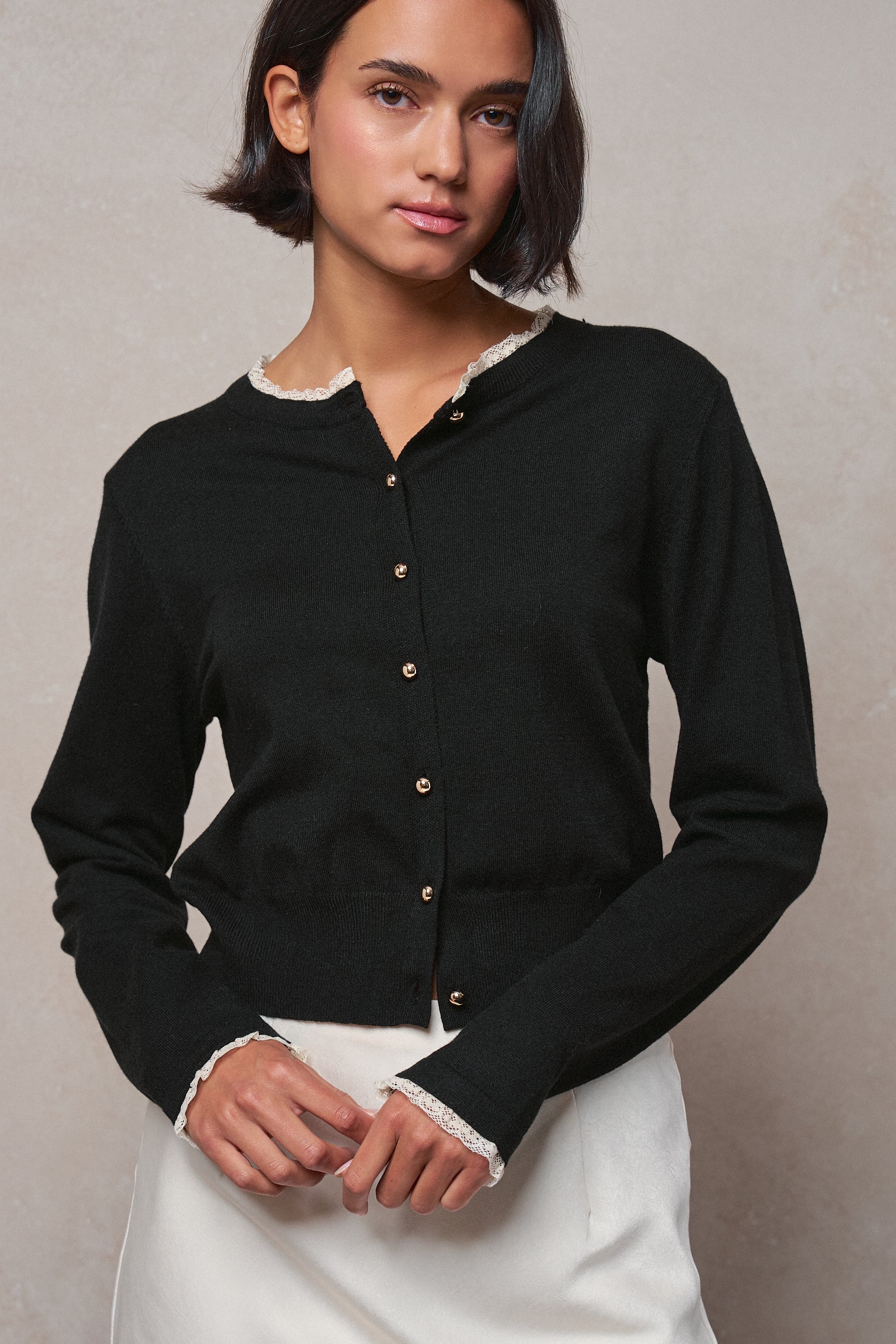 Lace Trim Knit Button-Down Cardigan in BLACK - Women's SWEATERS | Urban Daizy