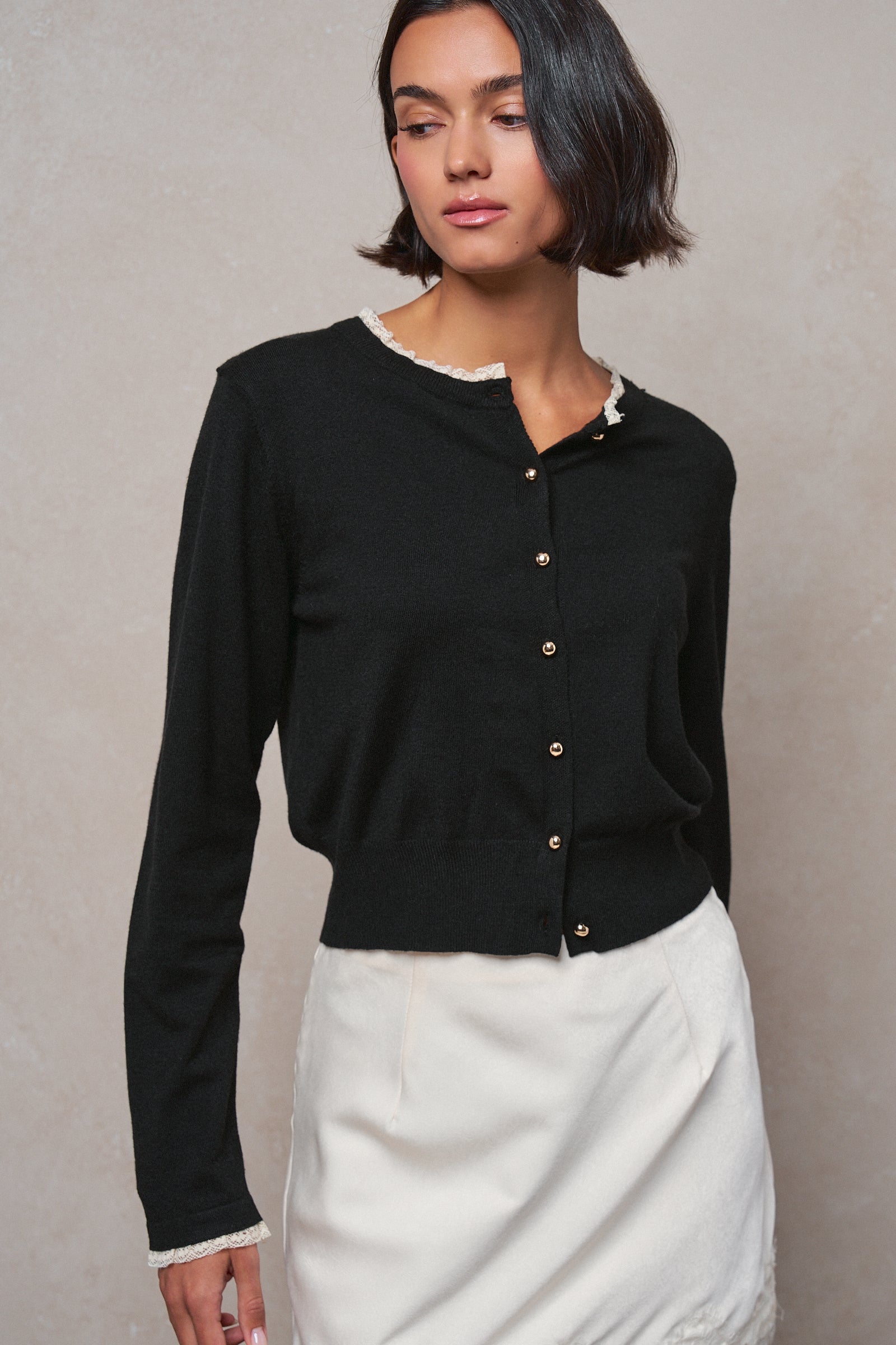 Lace Trim Knit Button-Down Cardigan in BLACK - Women's SWEATERS | Urban Daizy