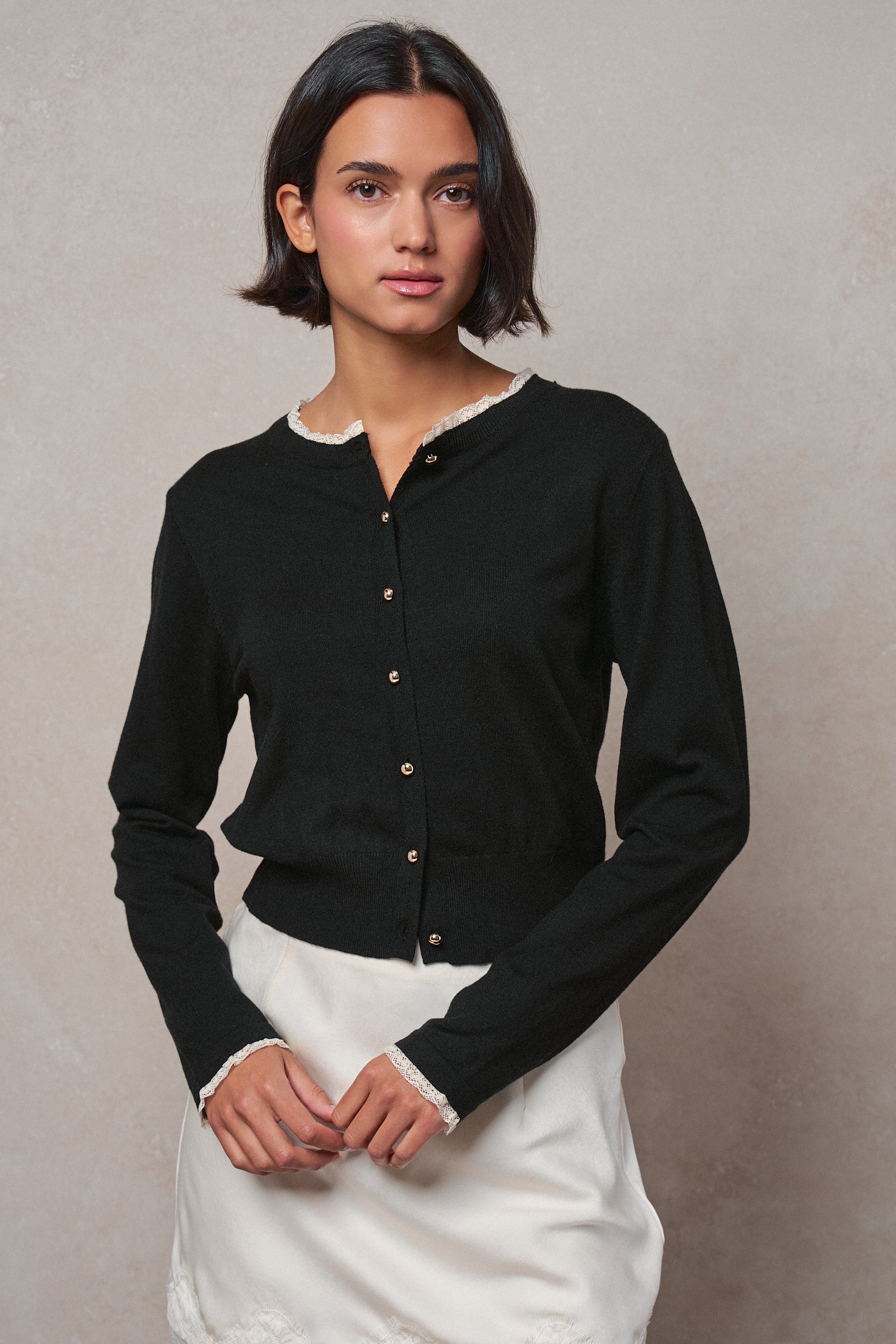 Lace Trim Knit Button-Down Cardigan in BLACK - Women's SWEATERS | Urban Daizy