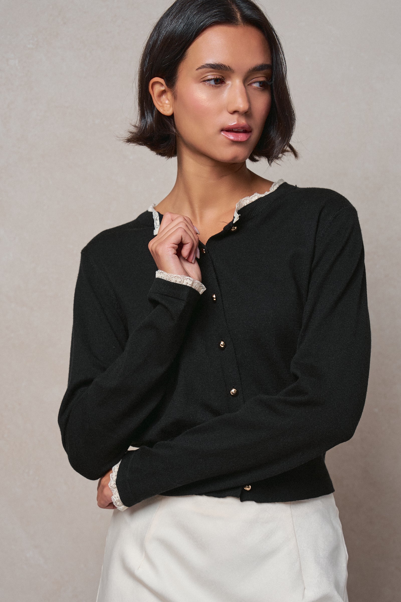 Lace Trim Knit Button-Down Cardigan in BLACK - Women's SWEATERS | Urban Daizy