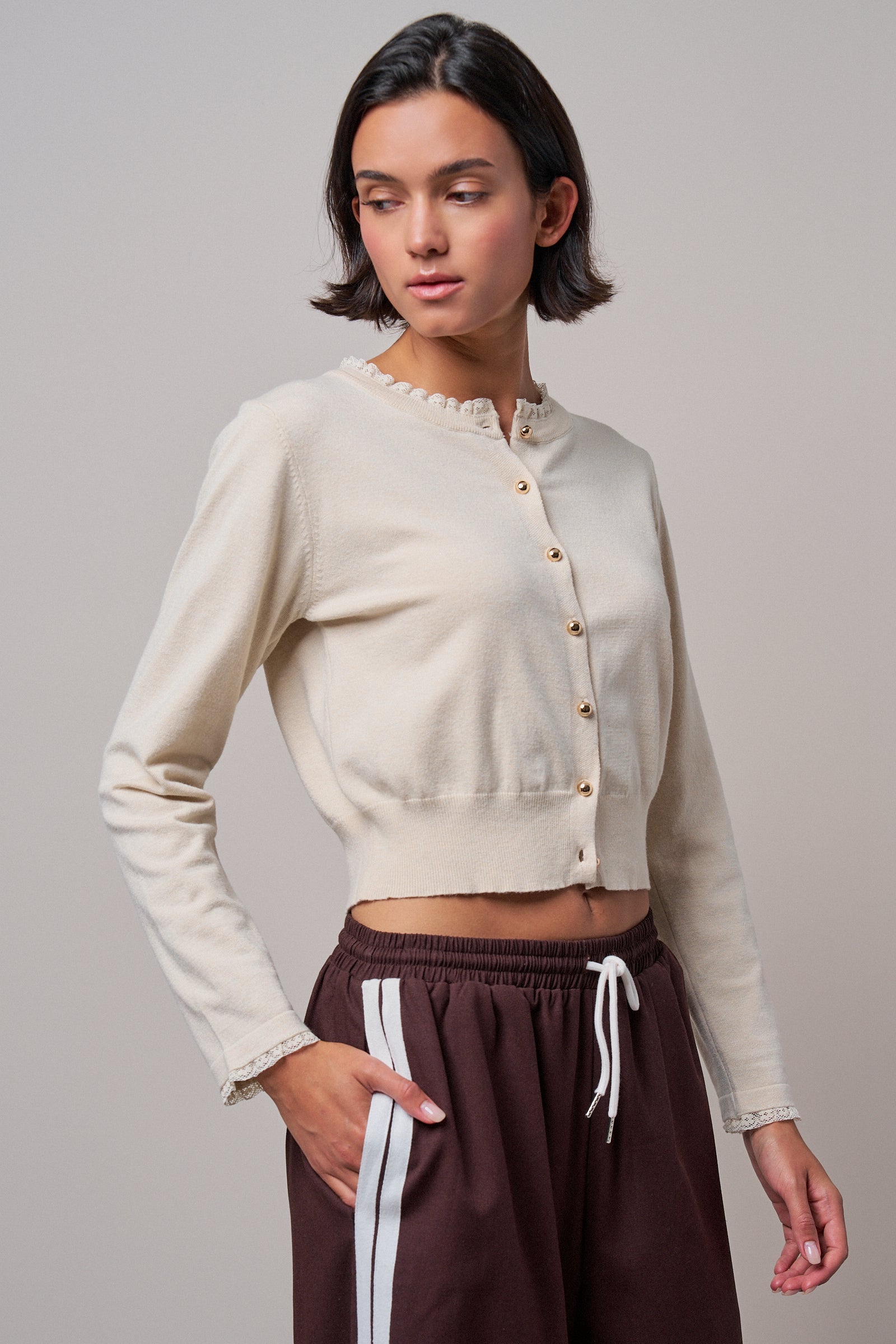 Lace Trim Knit Button-Down Cardigan in OATMEAL - Women's SWEATERS | Urban Daizy