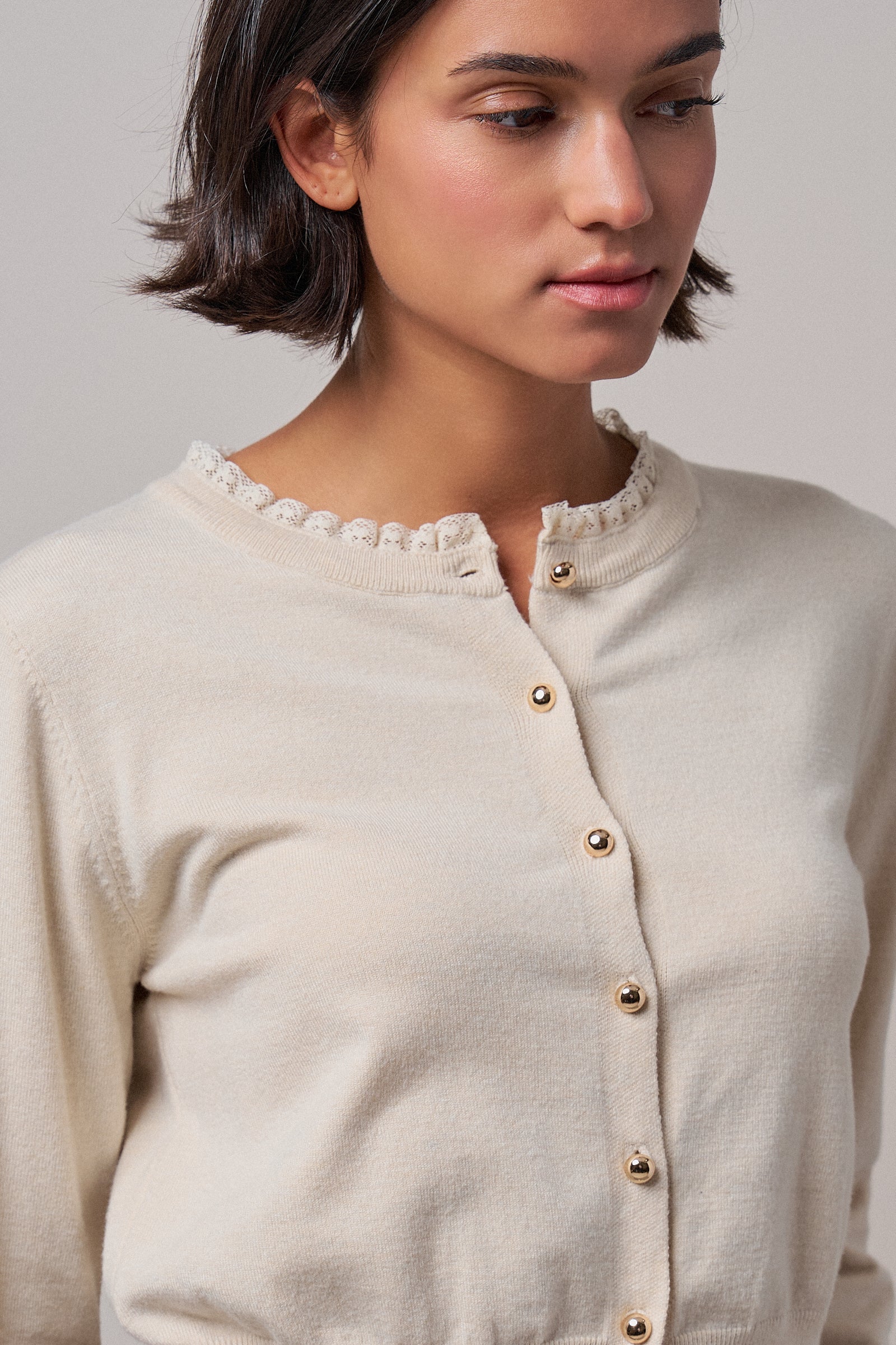 Lace Trim Knit Button-Down Cardigan in OATMEAL - Women's SWEATERS | Urban Daizy