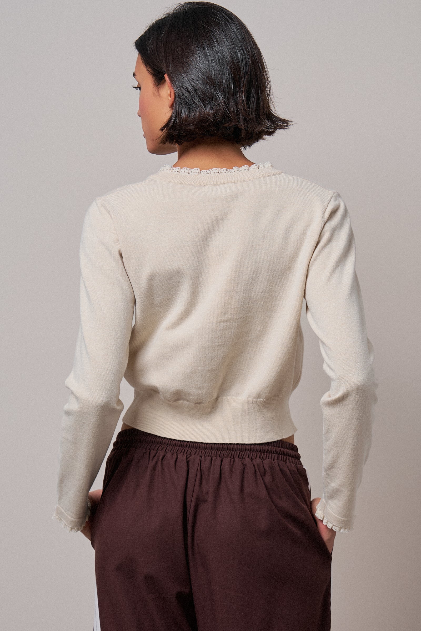 Lace Trim Knit Button-Down Cardigan in OATMEAL - Women's SWEATERS | Urban Daizy