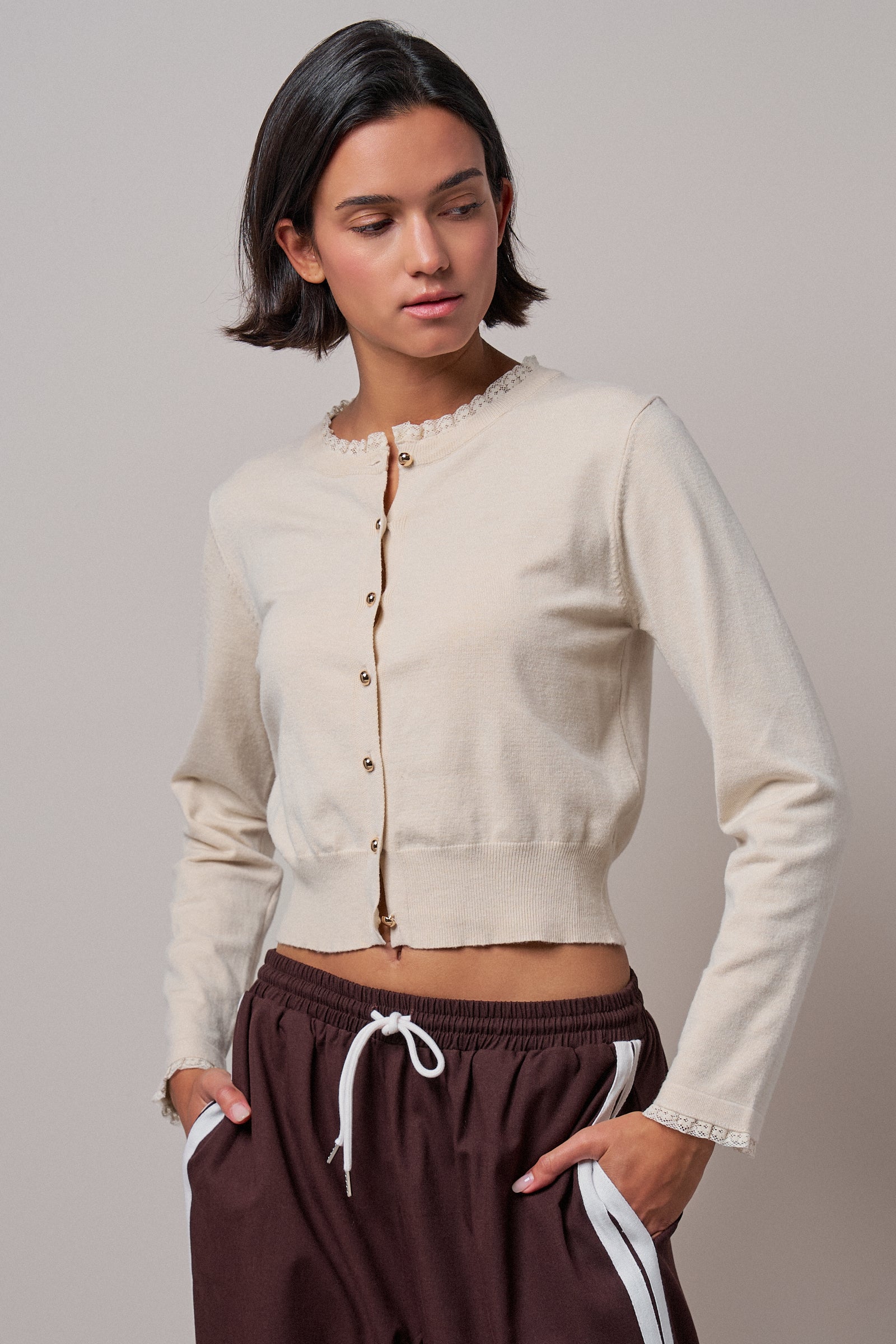 Lace Trim Knit Button-Down Cardigan in OATMEAL - Women's SWEATERS | Urban Daizy