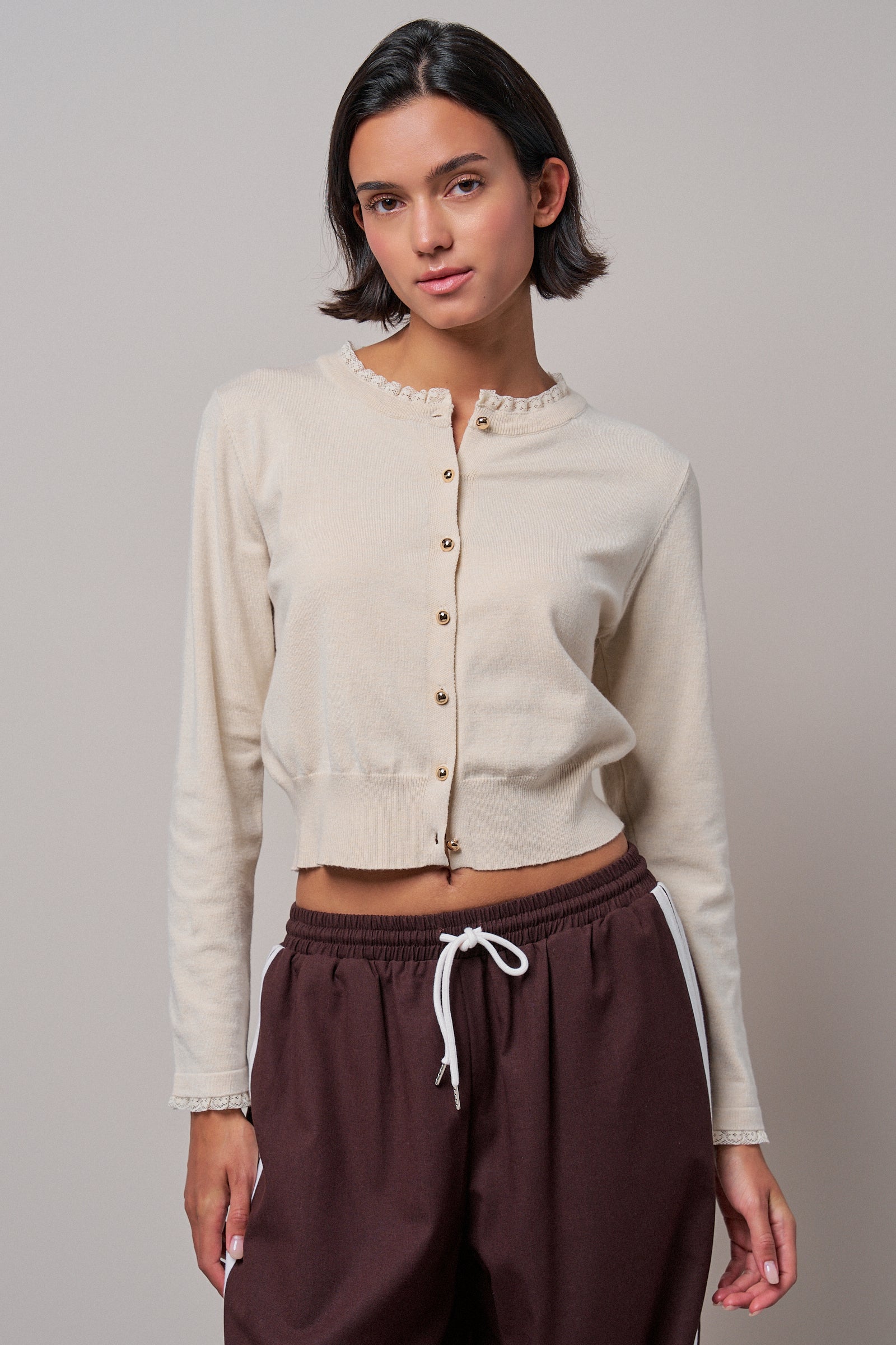 Lace Trim Knit Button-Down Cardigan in OATMEAL - Women's SWEATERS | Urban Daizy