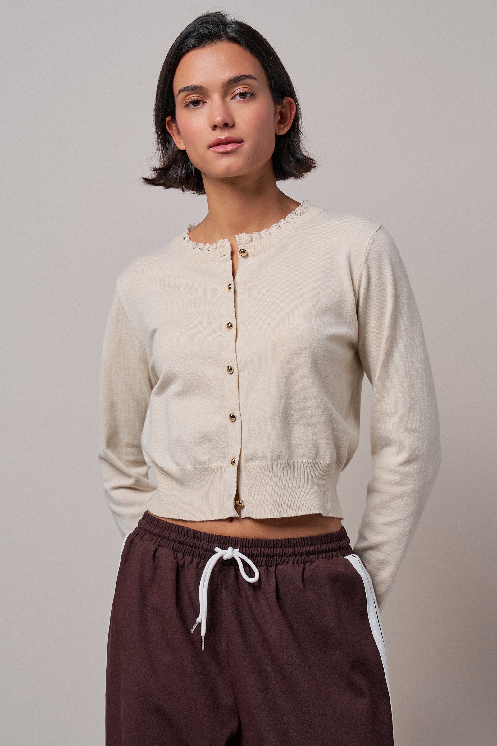 Lace Trim Knit Button-Down Cardigan in OATMEAL - Women's SWEATERS | Urban Daizy