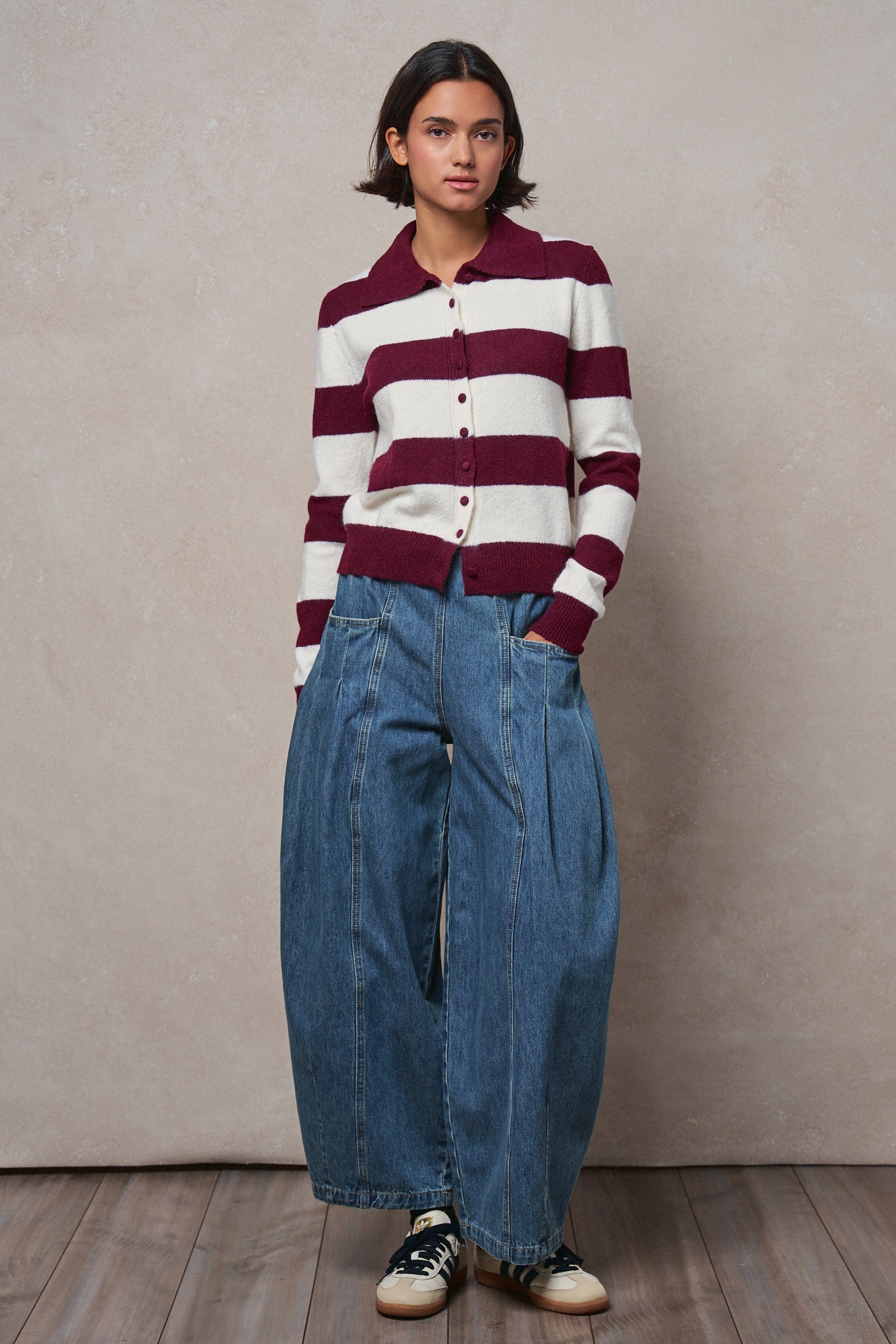 Striped Knit Collared Button Polo Sweater in WINE - Women's Sweaters | Urban Daizy