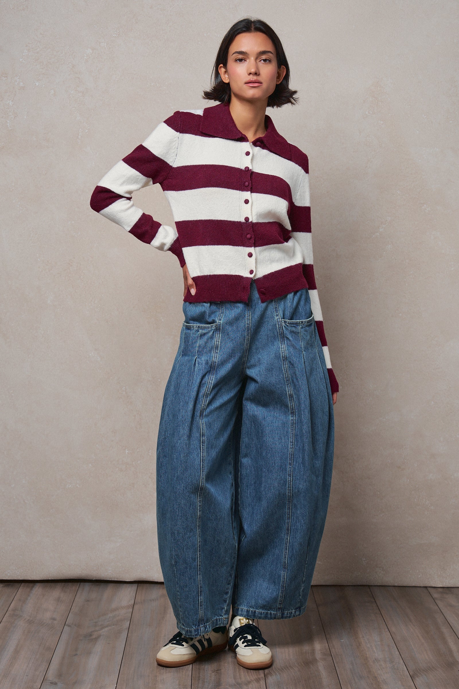 Striped Knit Collared Button Polo Sweater in WINE - Women's Sweaters | Urban Daizy