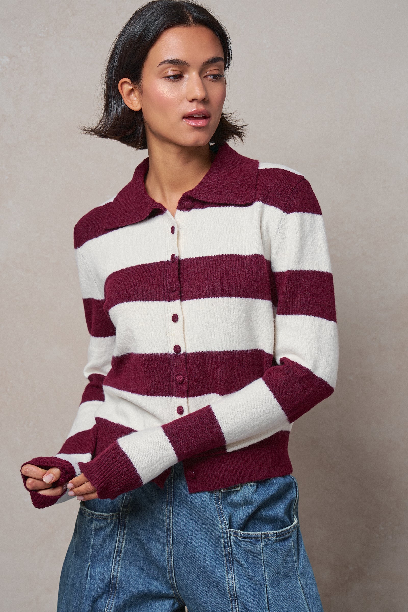 Striped Knit Collared Button Polo Sweater in WINE - Women's Sweaters | Urban Daizy