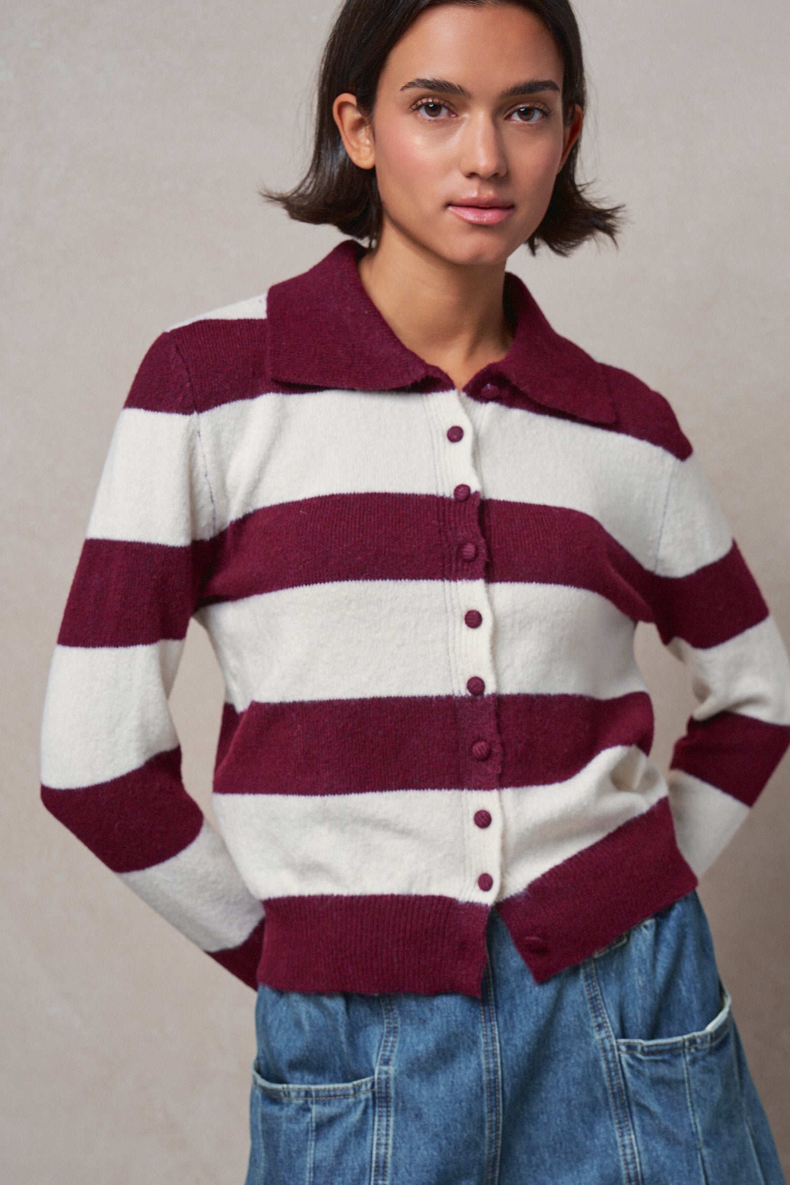 Striped Knit Collared Button Polo Sweater in WINE - Women's Sweaters | Urban Daizy