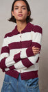 Striped Knit Collared Button Polo Sweater in WINE - Women's Sweaters | Urban Daizy