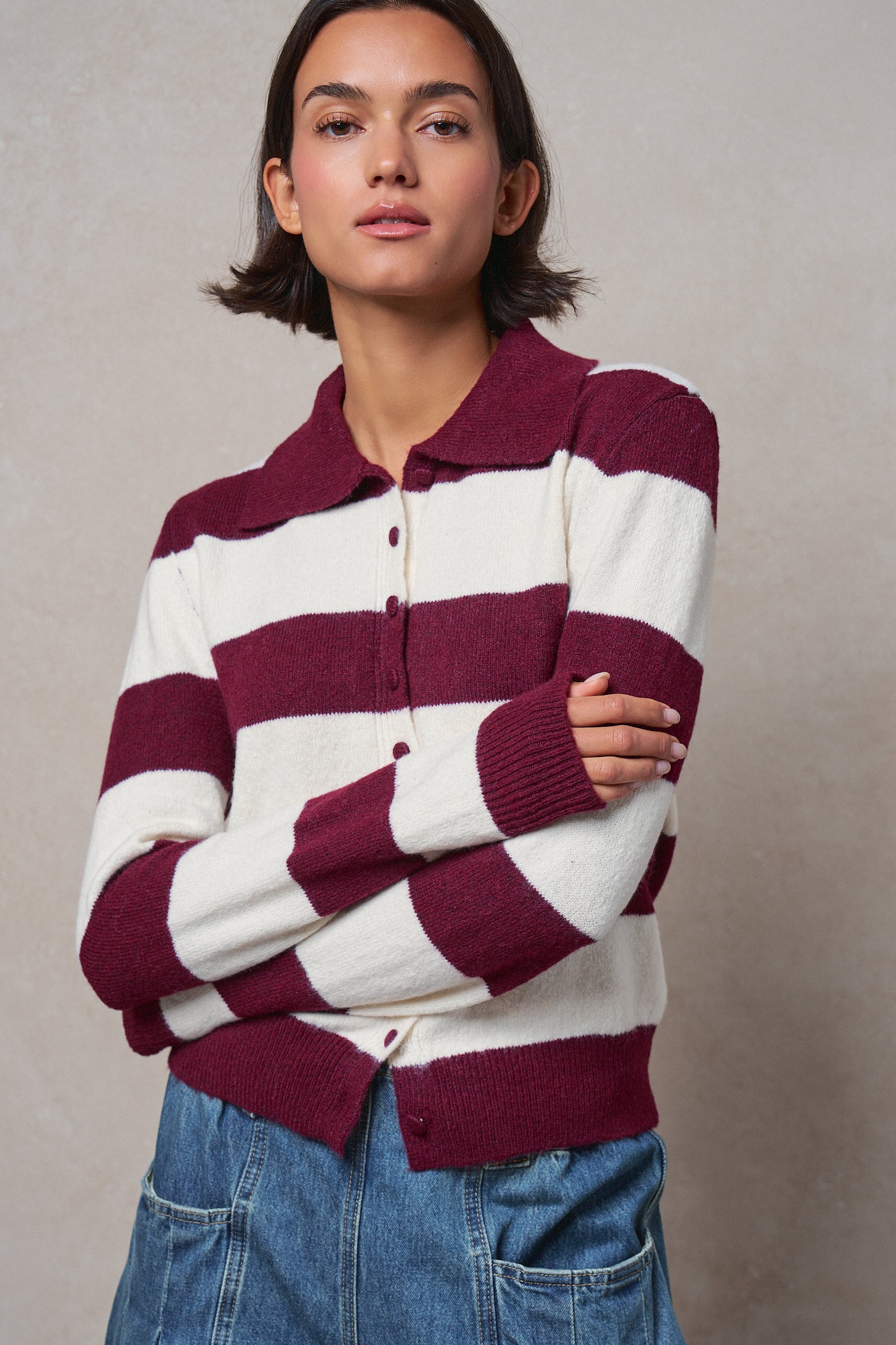 Striped Knit Collared Button Polo Sweater in WINE - Women's Sweaters | Urban Daizy
