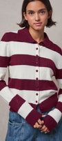Striped Knit Collared Button Polo Sweater in WINE - Women's Sweaters | Urban Daizy