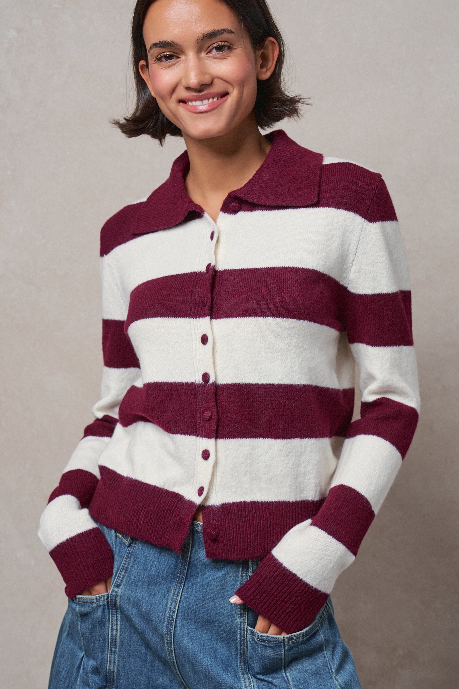 Striped Knit Collared Button Polo Sweater in WINE - Women's Sweaters | Urban Daizy