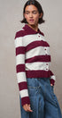 Striped Knit Collared Button Polo Sweater in WINE - Women's Sweaters | Urban Daizy
