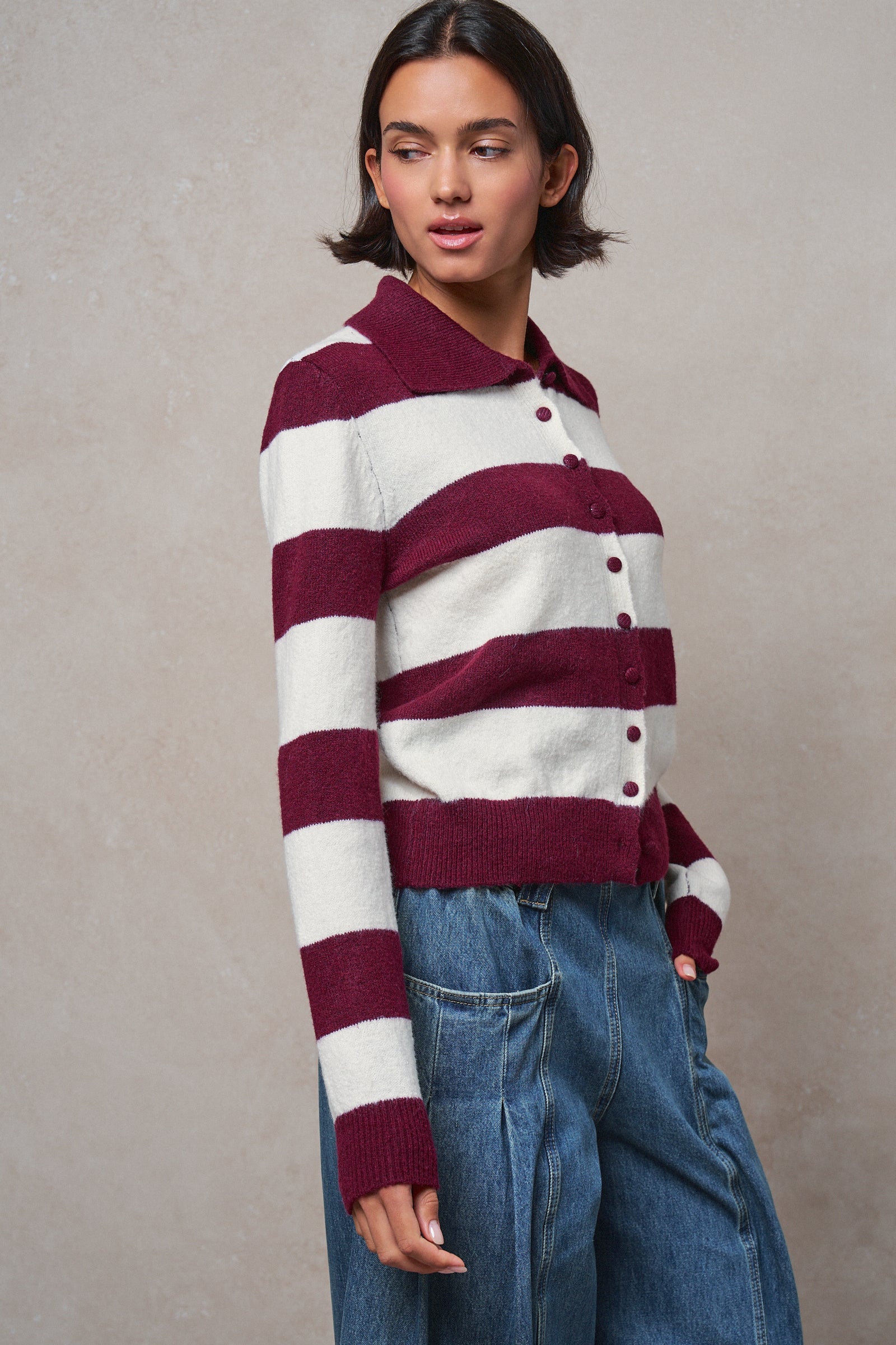 Striped Knit Collared Button Polo Sweater in WINE - Women's Sweaters | Urban Daizy