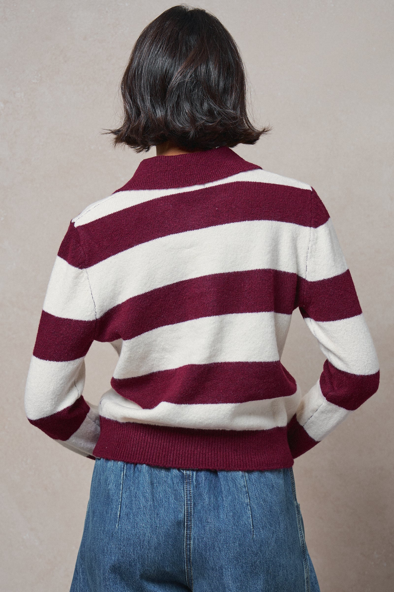 Striped Knit Collared Button Polo Sweater in WINE - Women's Sweaters | Urban Daizy