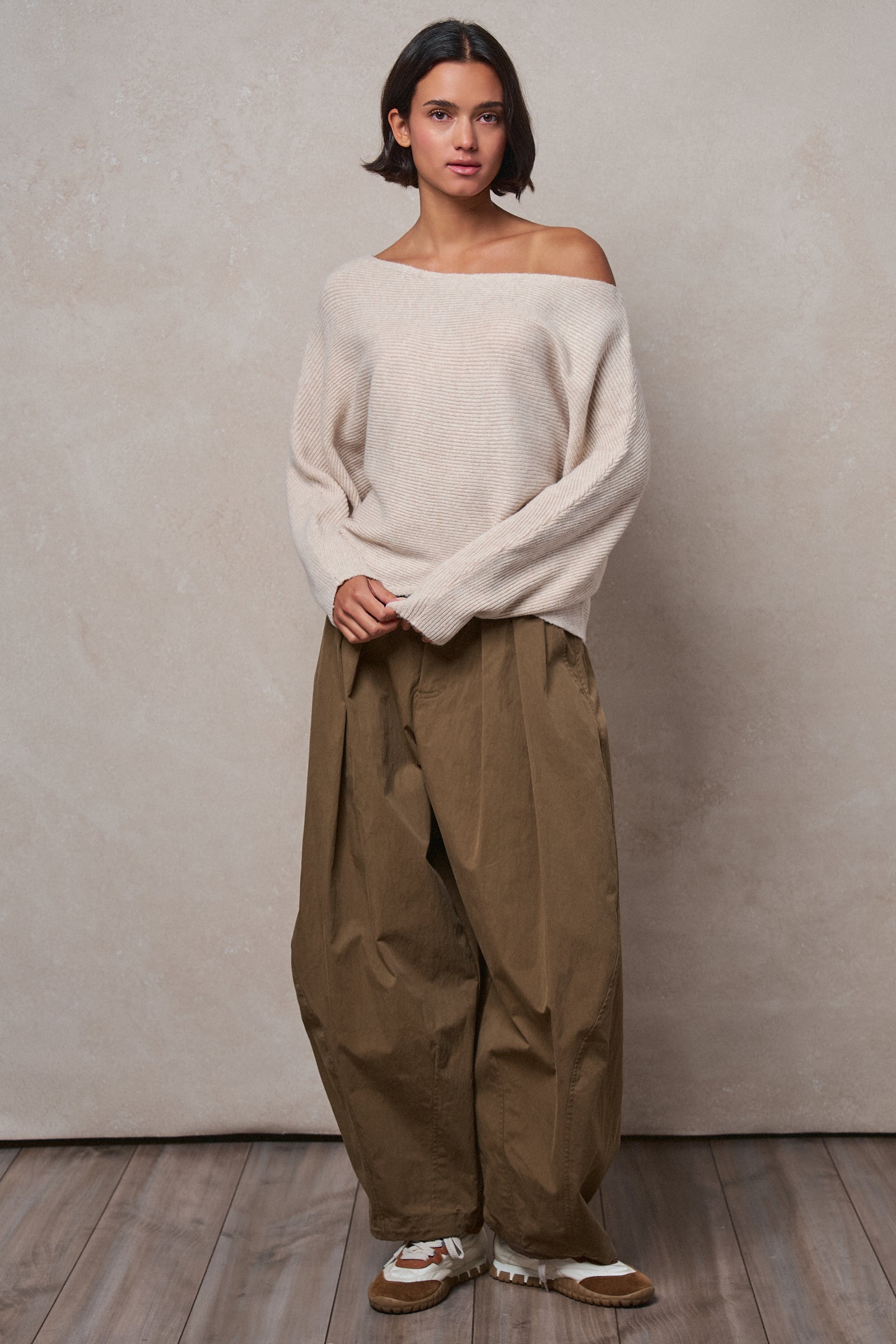Dolman Sleeve Boat Neck Knit Sweater in OATMEAL - Women's Sweaters | Urban Daizy
